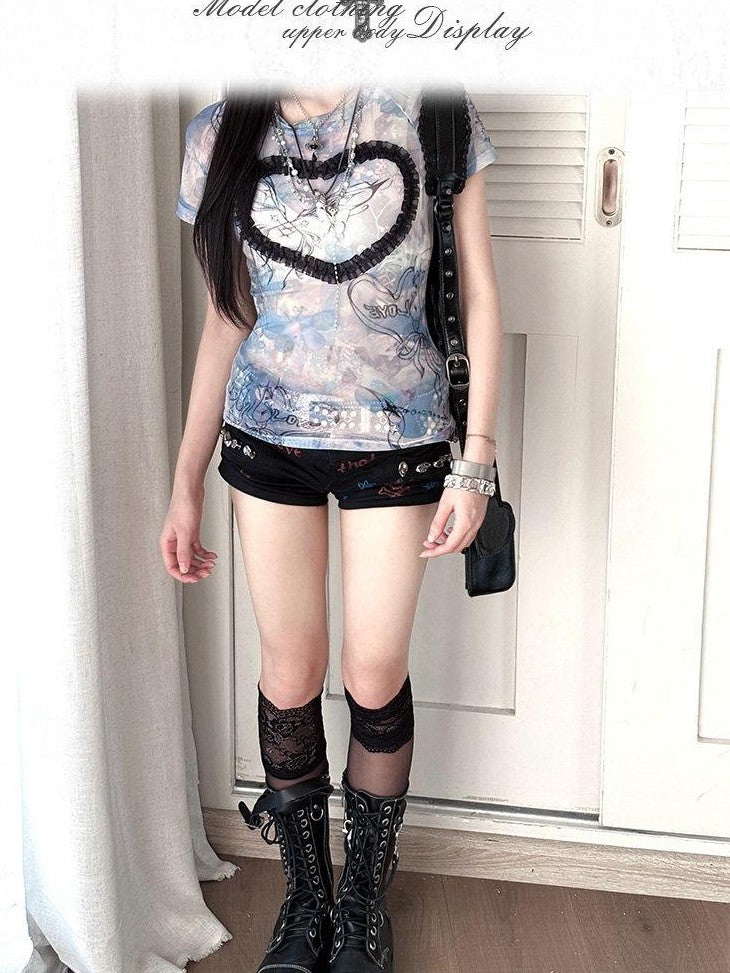 Kyouko Baby Acid Wash Blue Stretch Cross Print Women's Mesh Short Sleeve T-shirts