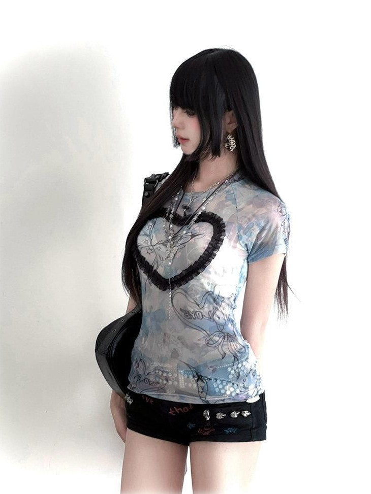Kyouko Baby Acid Wash Blue Stretch Cross Print Women's Mesh Short Sleeve T-shirts
