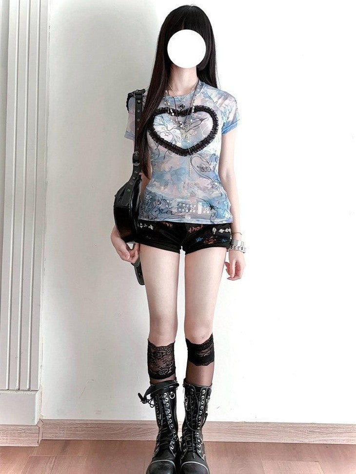Kyouko Baby Acid Wash Blue Stretch Cross Print Women's Mesh Short Sleeve T-shirts