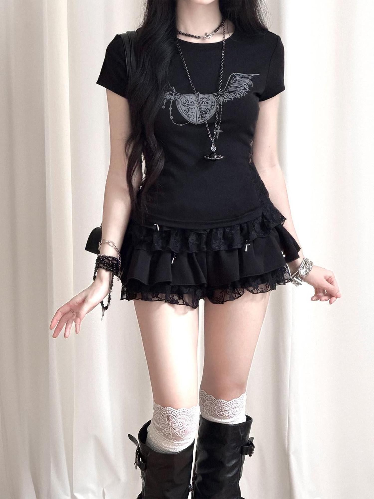 Kyouko Baby Angel Heart Dark Gothic Print Crewneck Women's Short Sleeve T-shirts