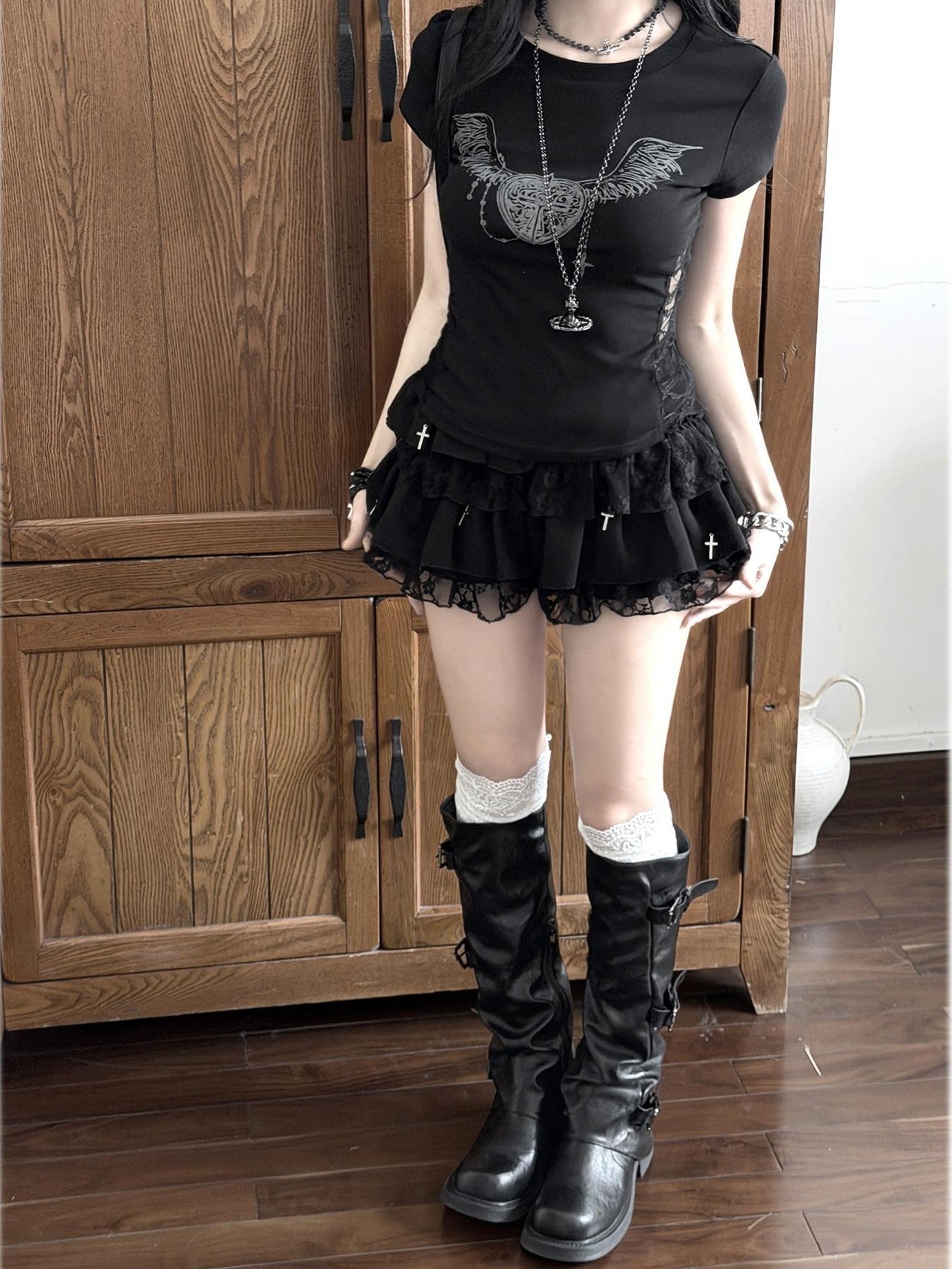 Kyouko Baby Angel Heart Dark Gothic Print Crewneck Women's Short Sleeve T-shirts