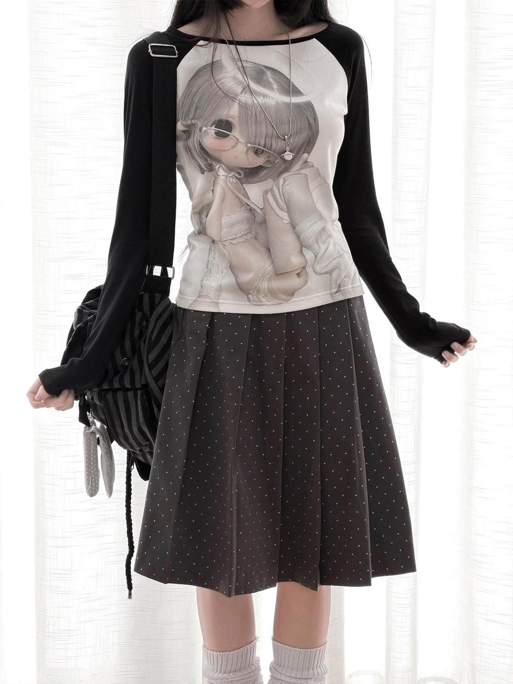 Kyouko Baby Bjd Doll Printed Black White Raglan Sleeve Women's Long Sleeve T-shirts