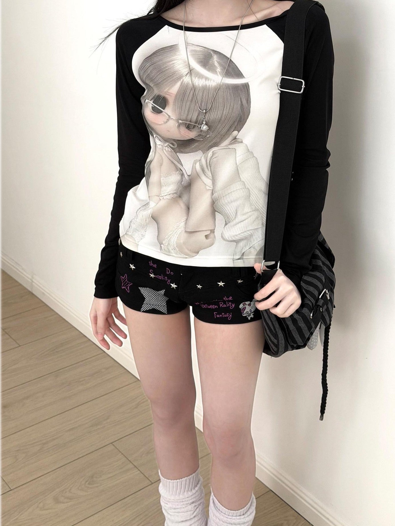Kyouko Baby Bjd Doll Printed Black White Raglan Sleeve Women's Long Sleeve T-shirts