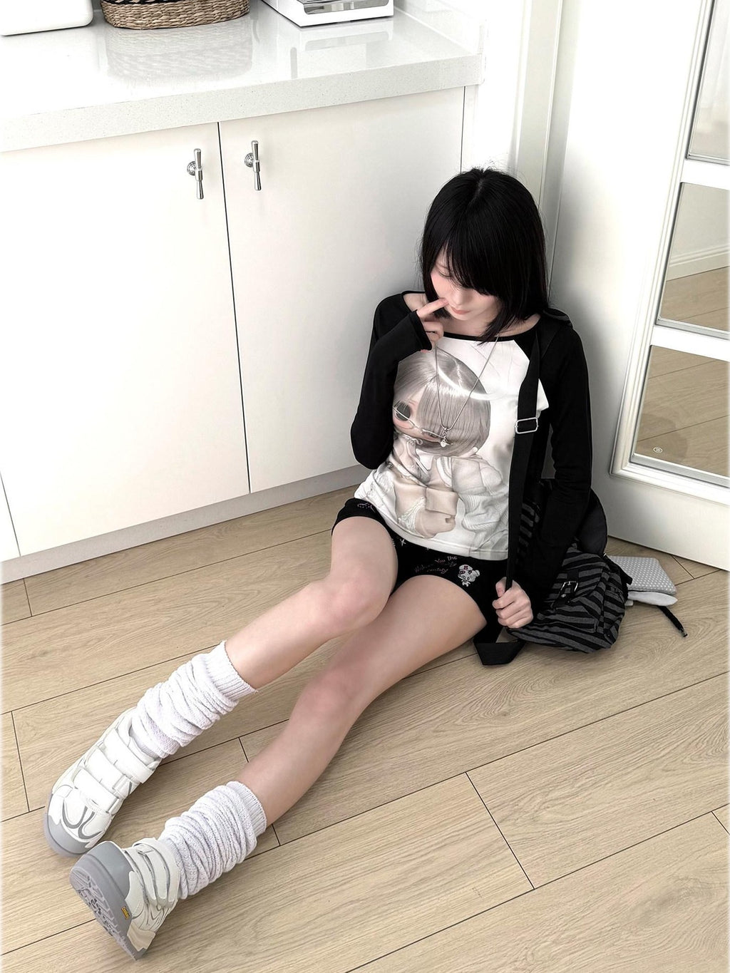 Kyouko Baby Bjd Doll Printed Black White Raglan Sleeve Women's Long Sleeve T-shirts