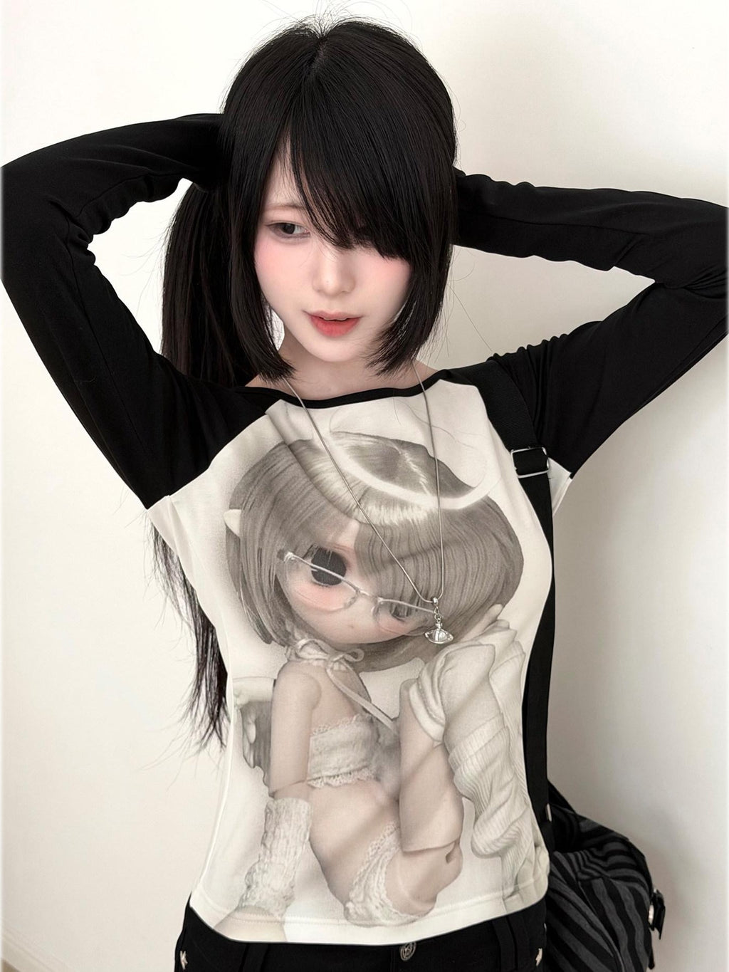 Kyouko Baby Bjd Doll Printed Black White Raglan Sleeve Women's Long Sleeve T-shirts