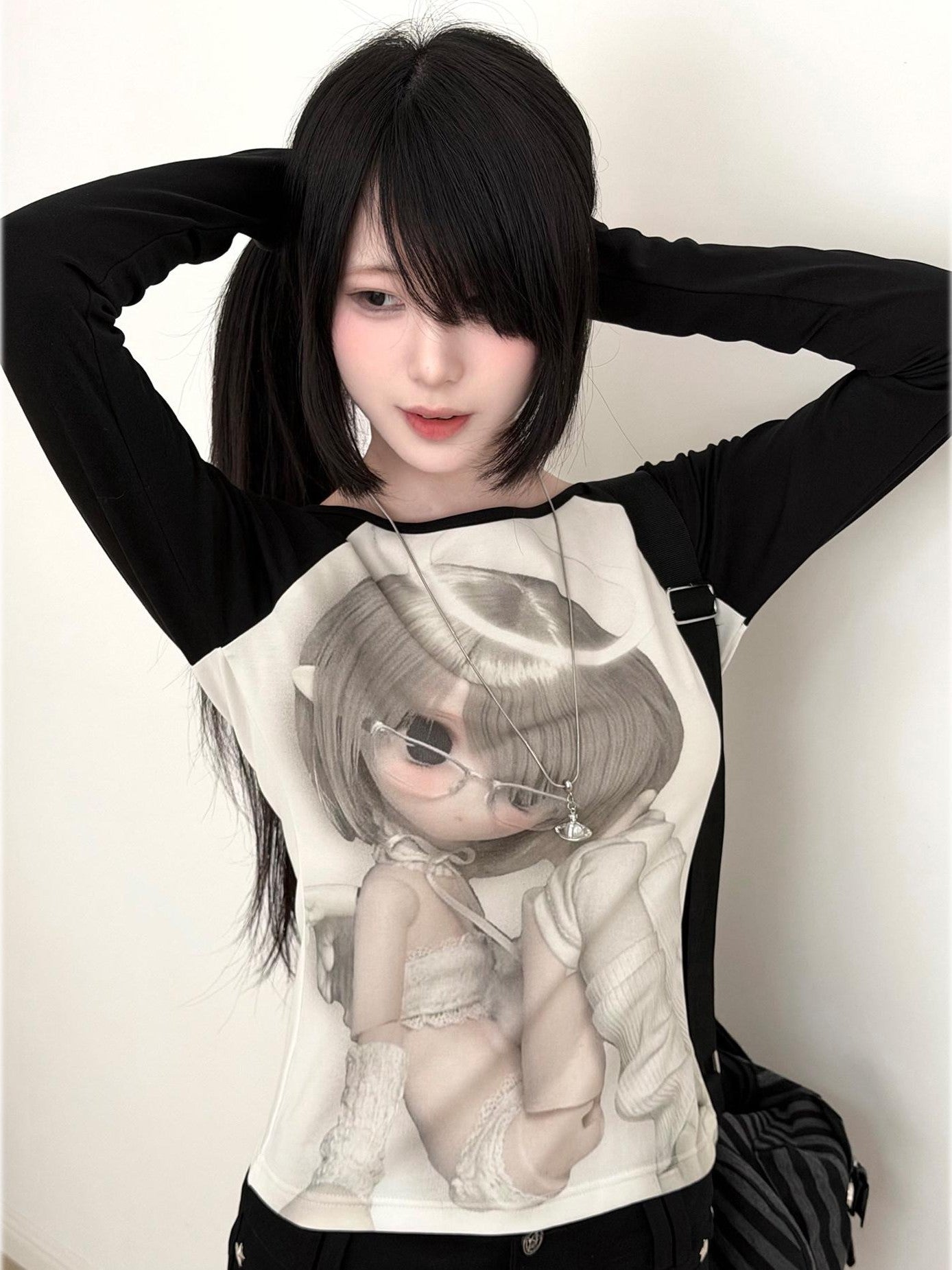 Kyouko Baby Bjd Doll Printed Black White Raglan Sleeve Women's Long Sleeve T-shirts
