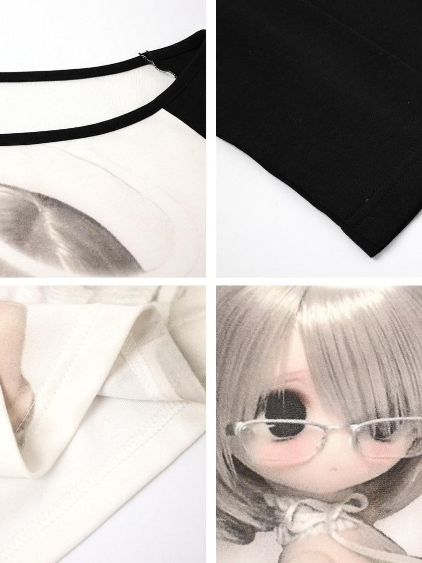Kyouko Baby Bjd Doll Printed Black White Raglan Sleeve Women's Long Sleeve T-shirts