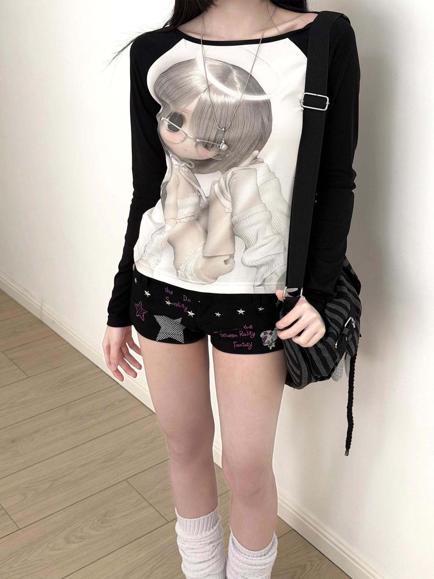 Kyouko Baby Bjd Doll Printed Black White Raglan Sleeve Women's Long Sleeve T-shirts