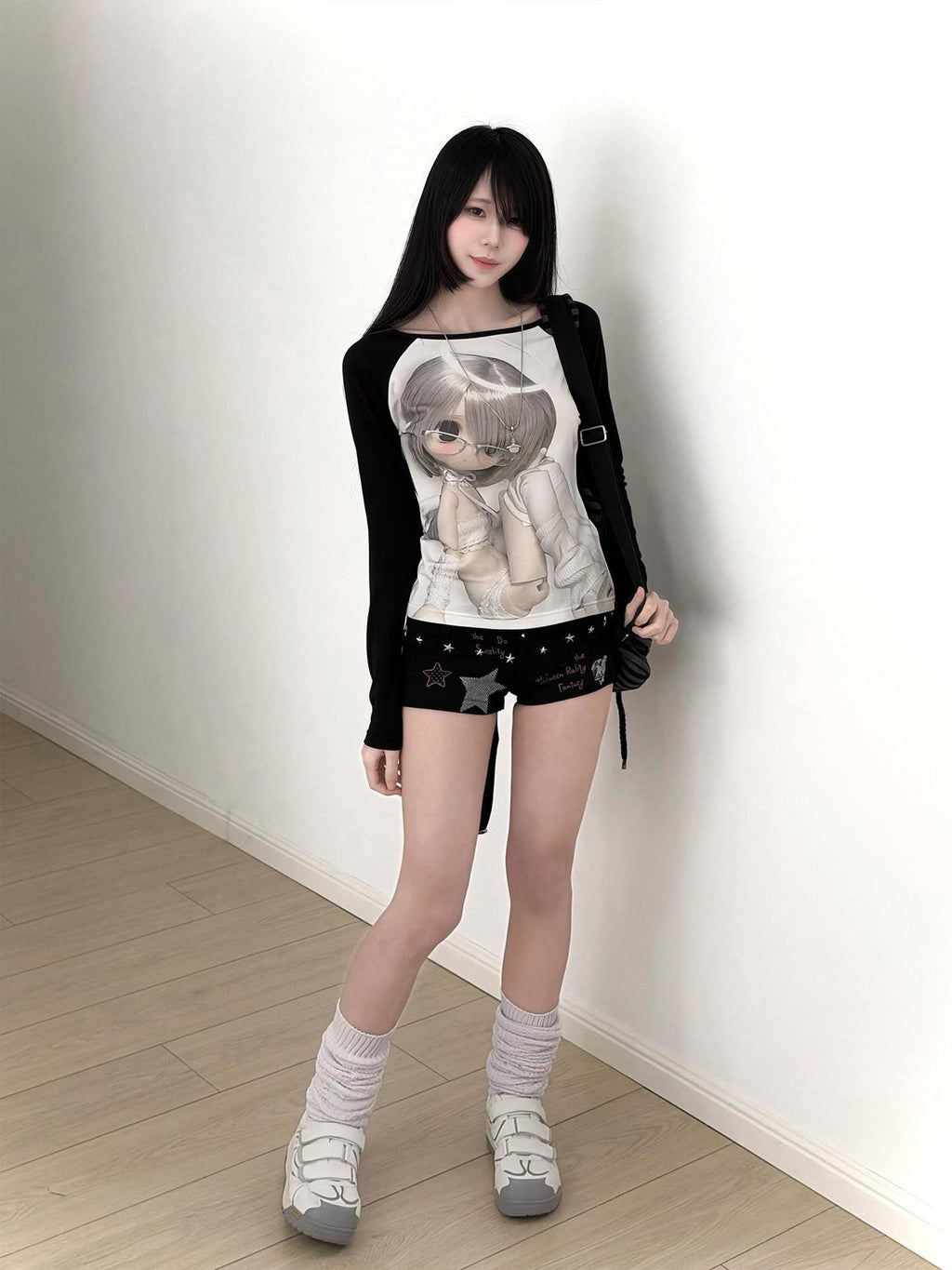 Kyouko Baby Bjd Doll Printed Black White Raglan Sleeve Women's Long Sleeve T-shirts