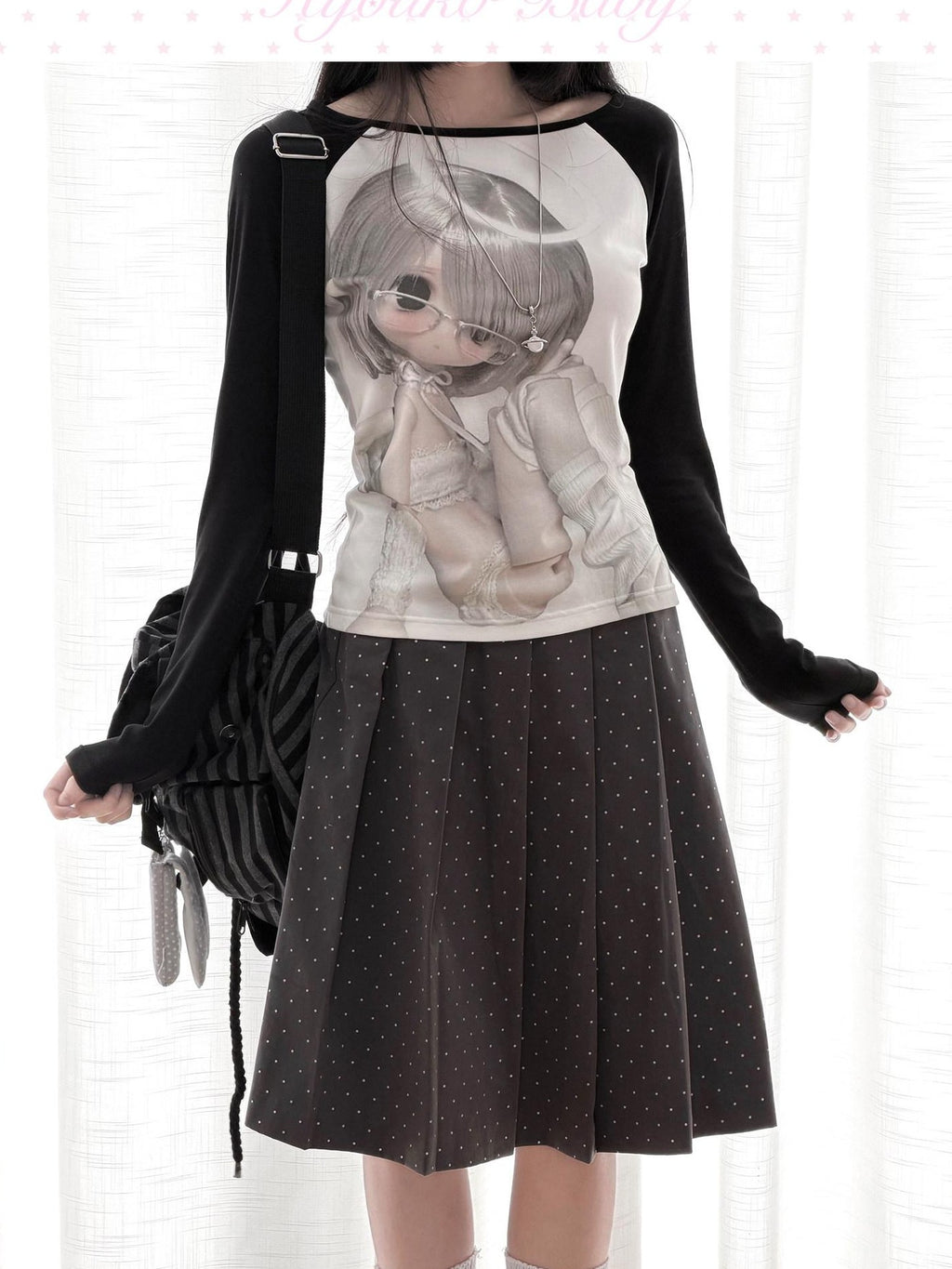 Kyouko Baby Bjd Doll Printed Black White Raglan Sleeve Women's Long Sleeve T-shirts