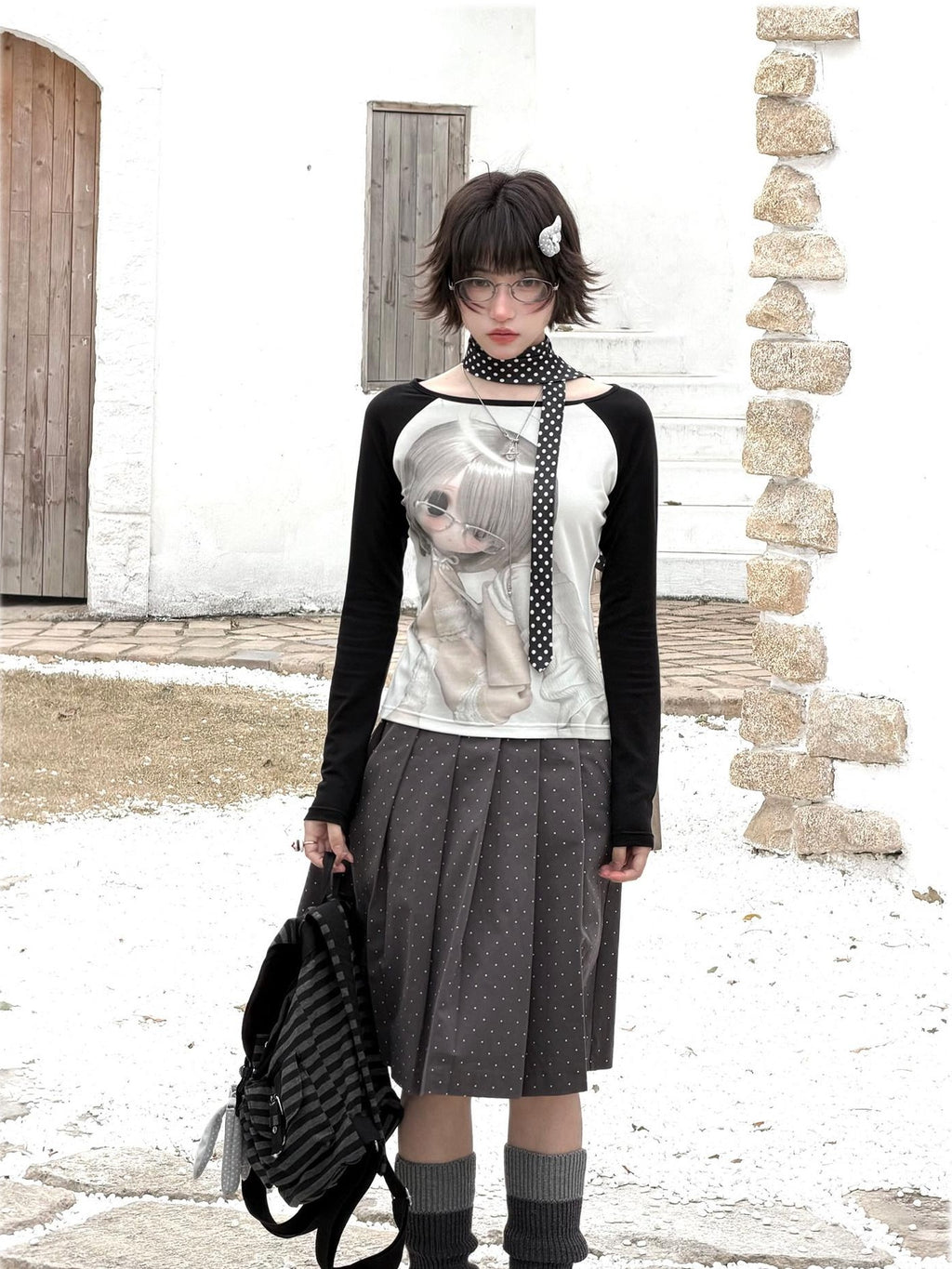 Kyouko Baby Bjd Doll Printed Black White Raglan Sleeve Women's Long Sleeve T-shirts