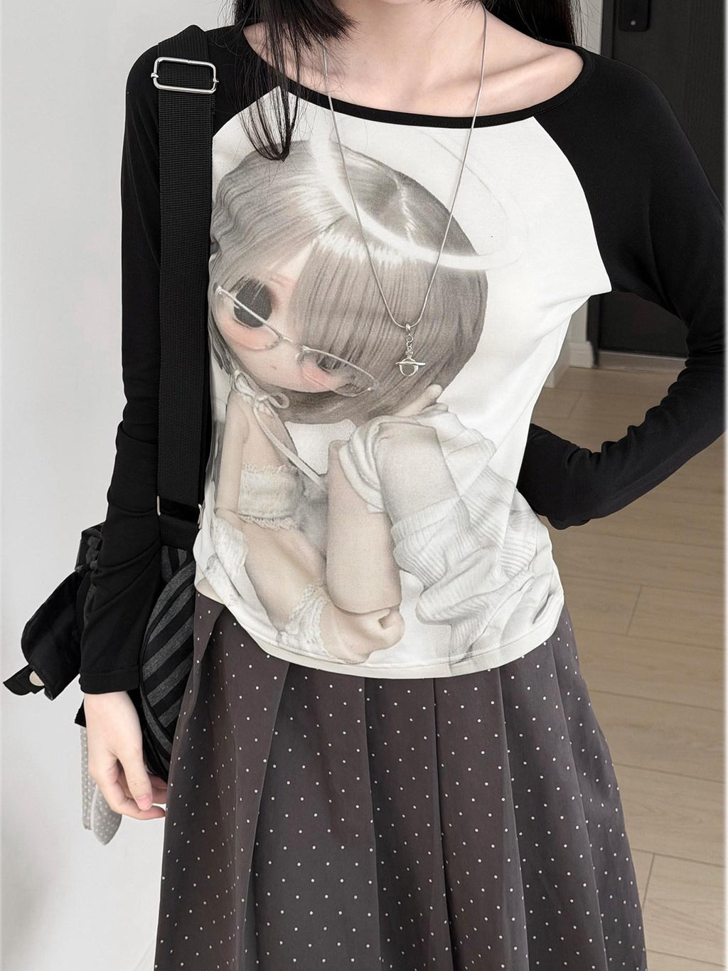 Kyouko Baby Bjd Doll Printed Black White Raglan Sleeve Women's Long Sleeve T-shirts