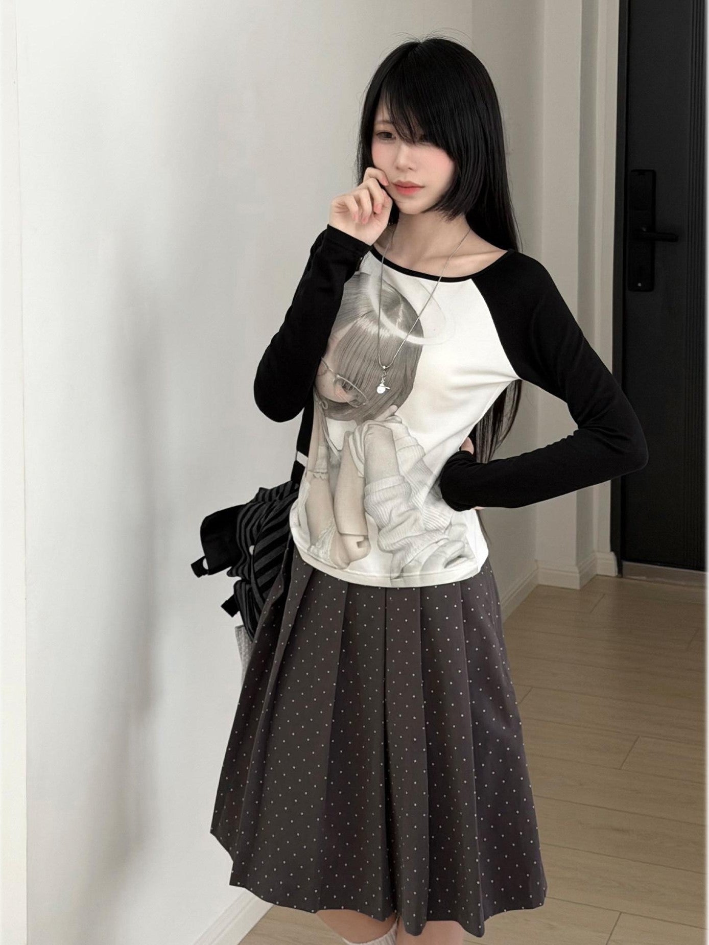 Kyouko Baby Bjd Doll Printed Black White Raglan Sleeve Women's Long Sleeve T-shirts