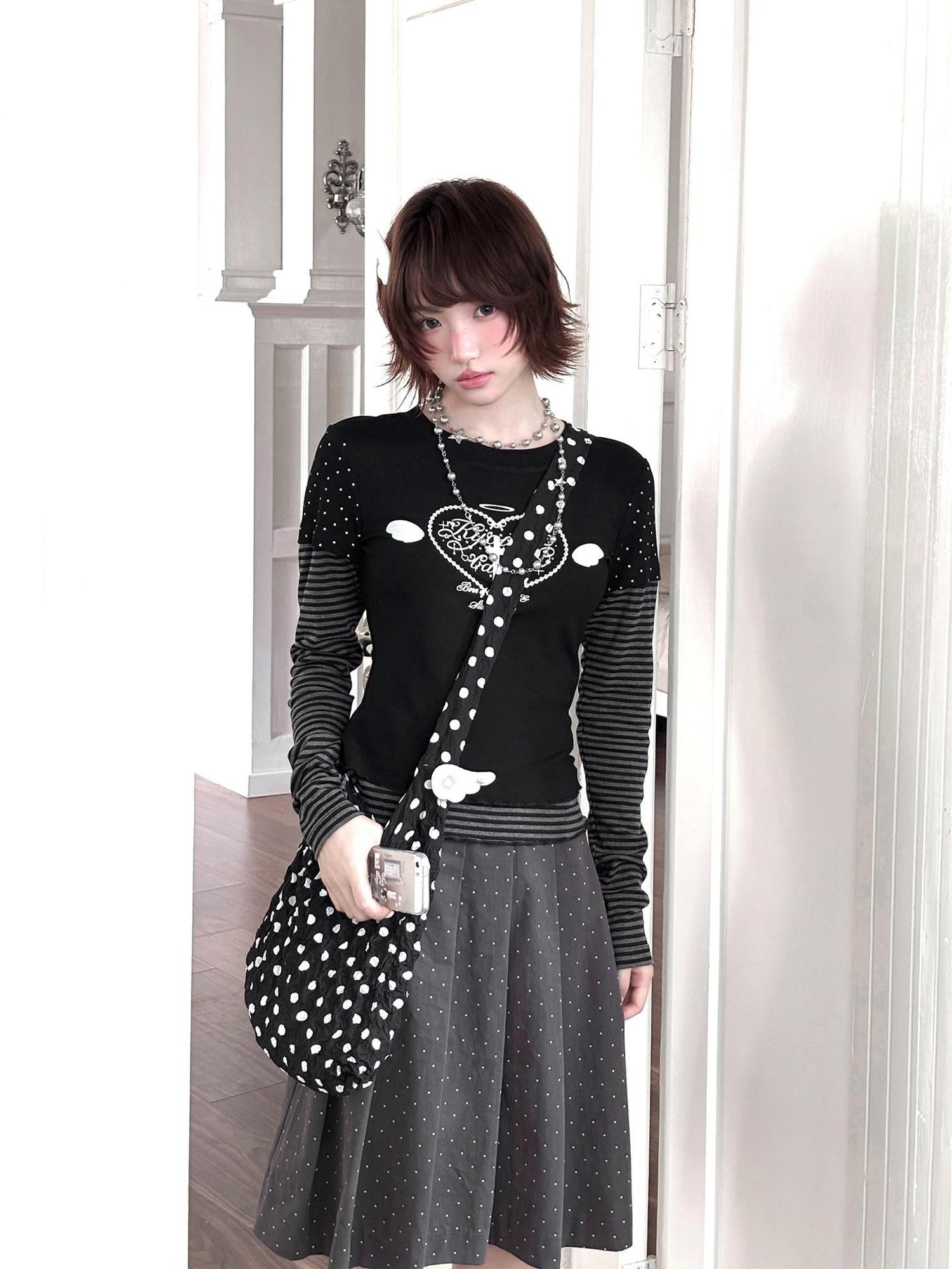 Kyouko Baby Black And White Colorblock Patchwork Y2k Women's Long Sleeve T-shirts