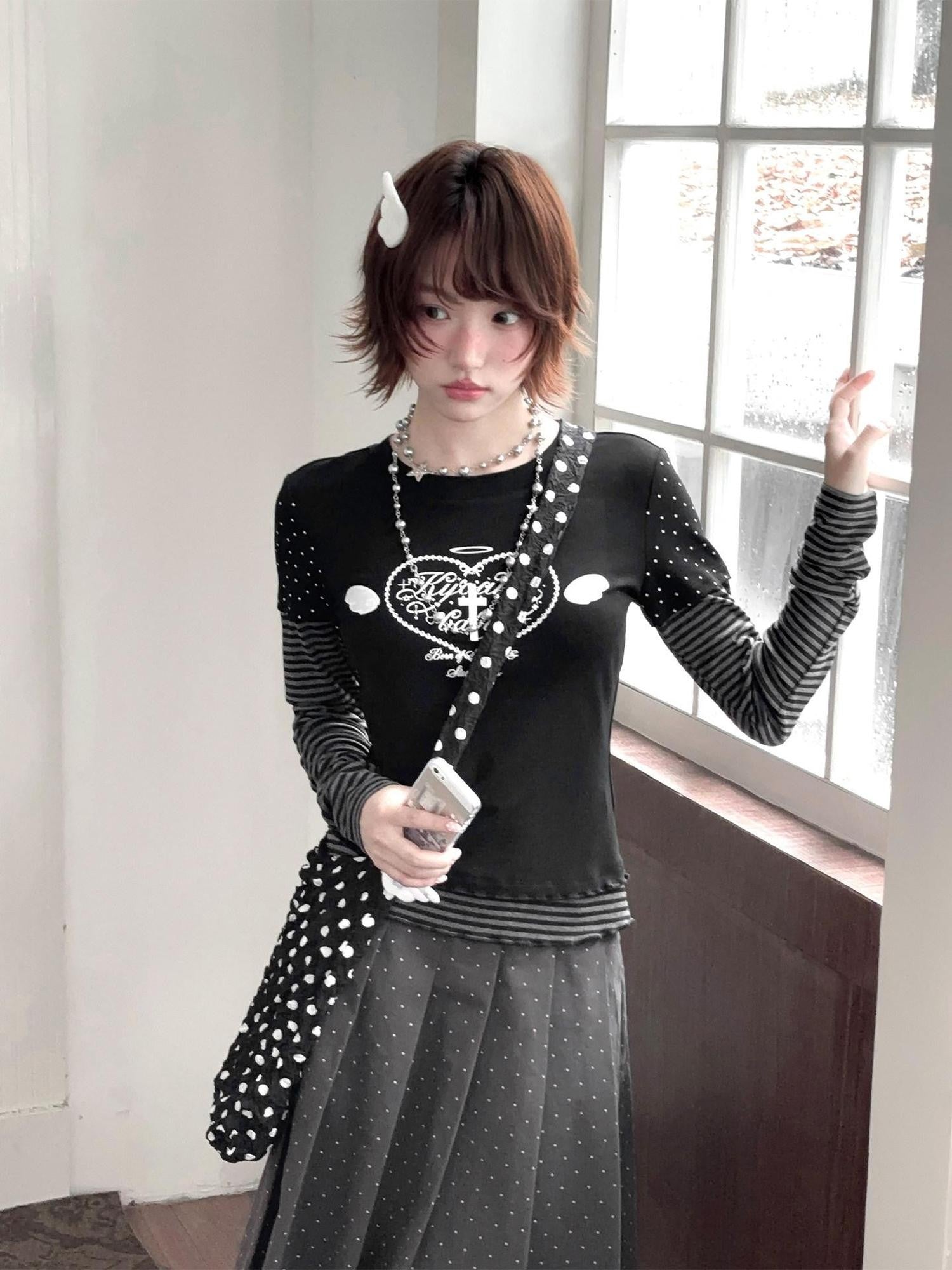 Kyouko Baby Black And White Colorblock Patchwork Y2k Women's Long Sleeve T-shirts