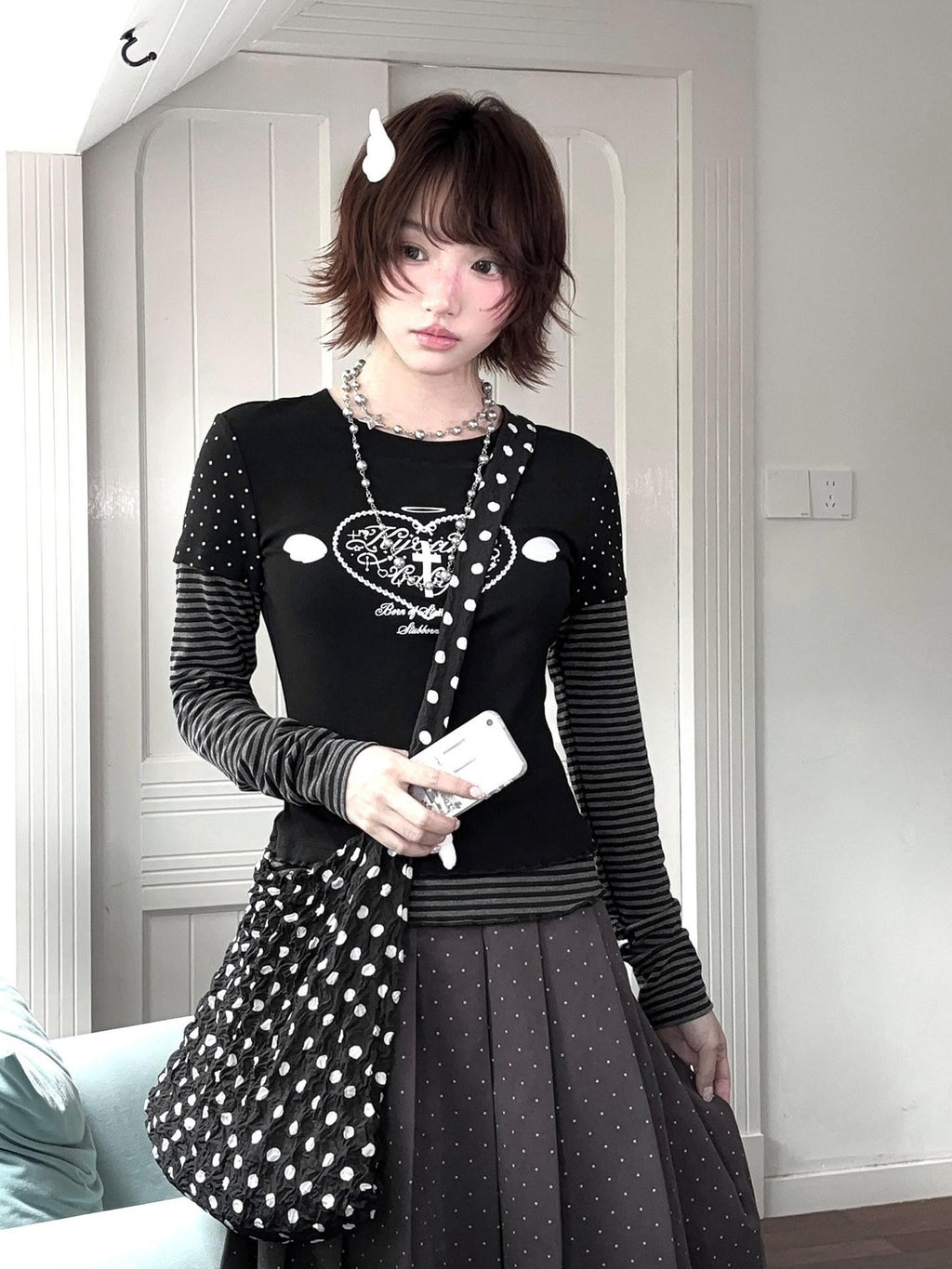 Kyouko Baby Black And White Colorblock Patchwork Y2k Women's Long Sleeve T-shirts