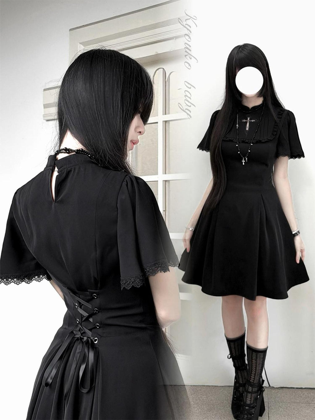 Kyouko Baby Black Cross Gothic Original Design Women's Casual Midi Dresses
