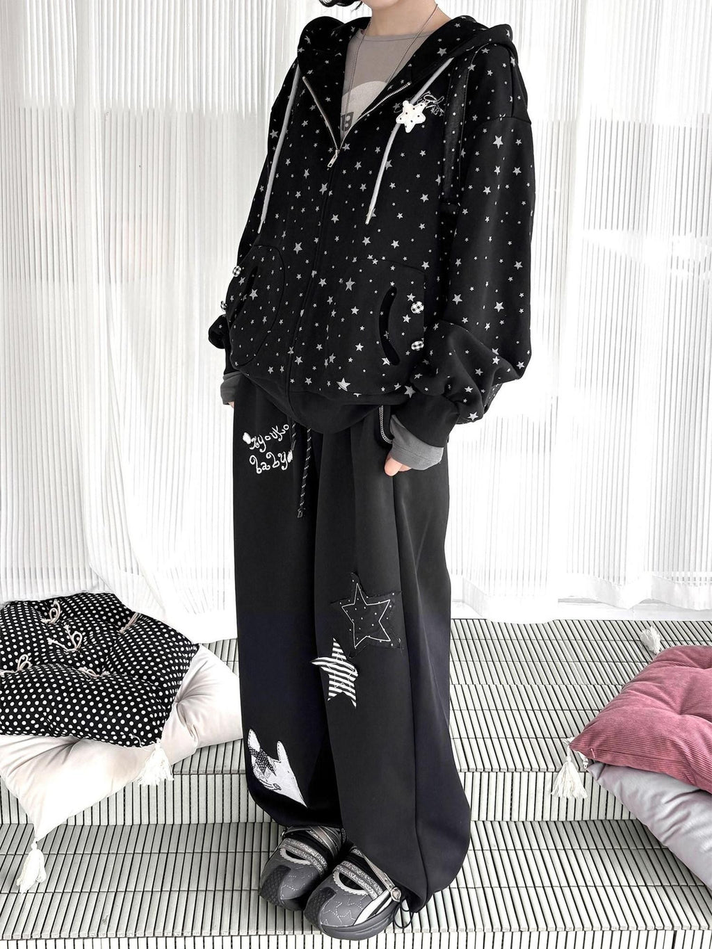 Kyouko Baby Black Oversized All Over Star Print Women's Other Material Zip-up Hoodies
