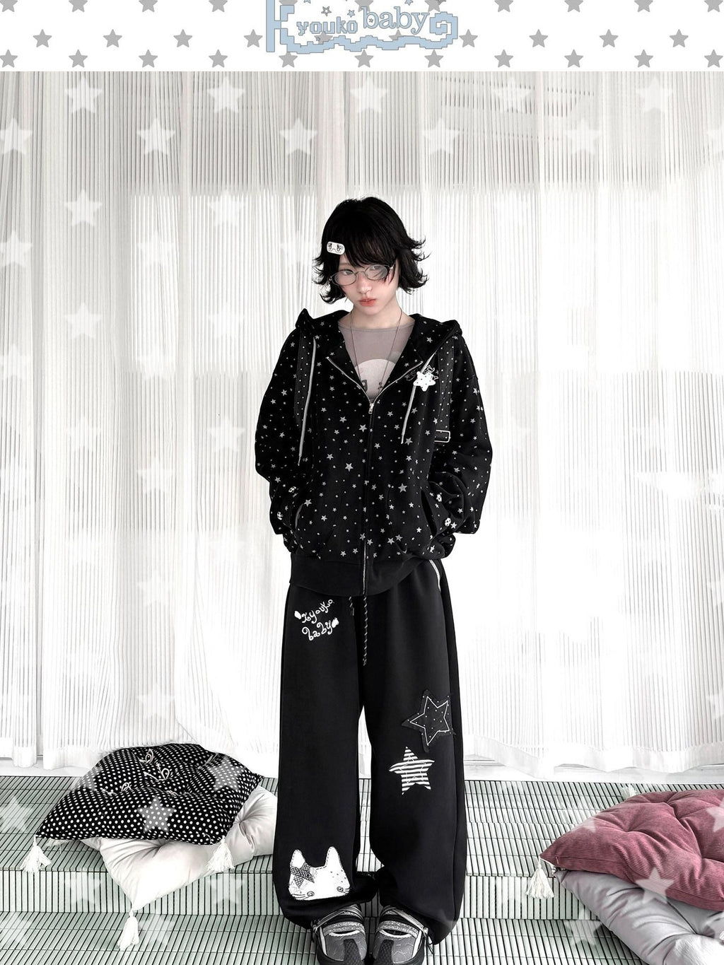 Kyouko Baby Black Oversized All Over Star Print Women's Other Material Zip-up Hoodies
