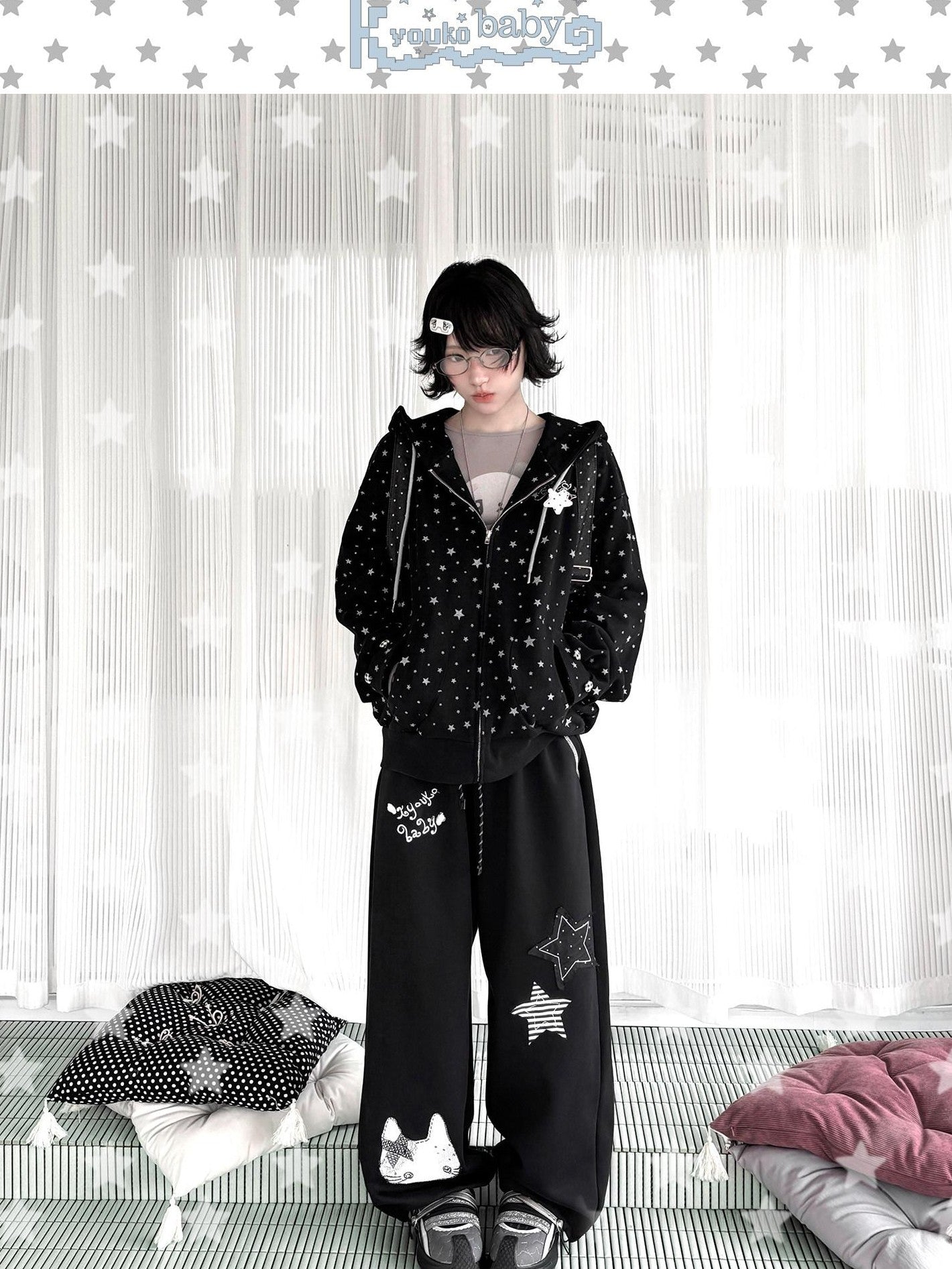 Kyouko Baby Black Oversized All Over Star Print Women's Other Material Zip-up Hoodies