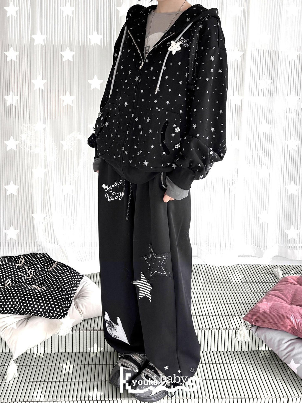 Kyouko Baby Black Oversized All Over Star Print Women's Other Material Zip-up Hoodies