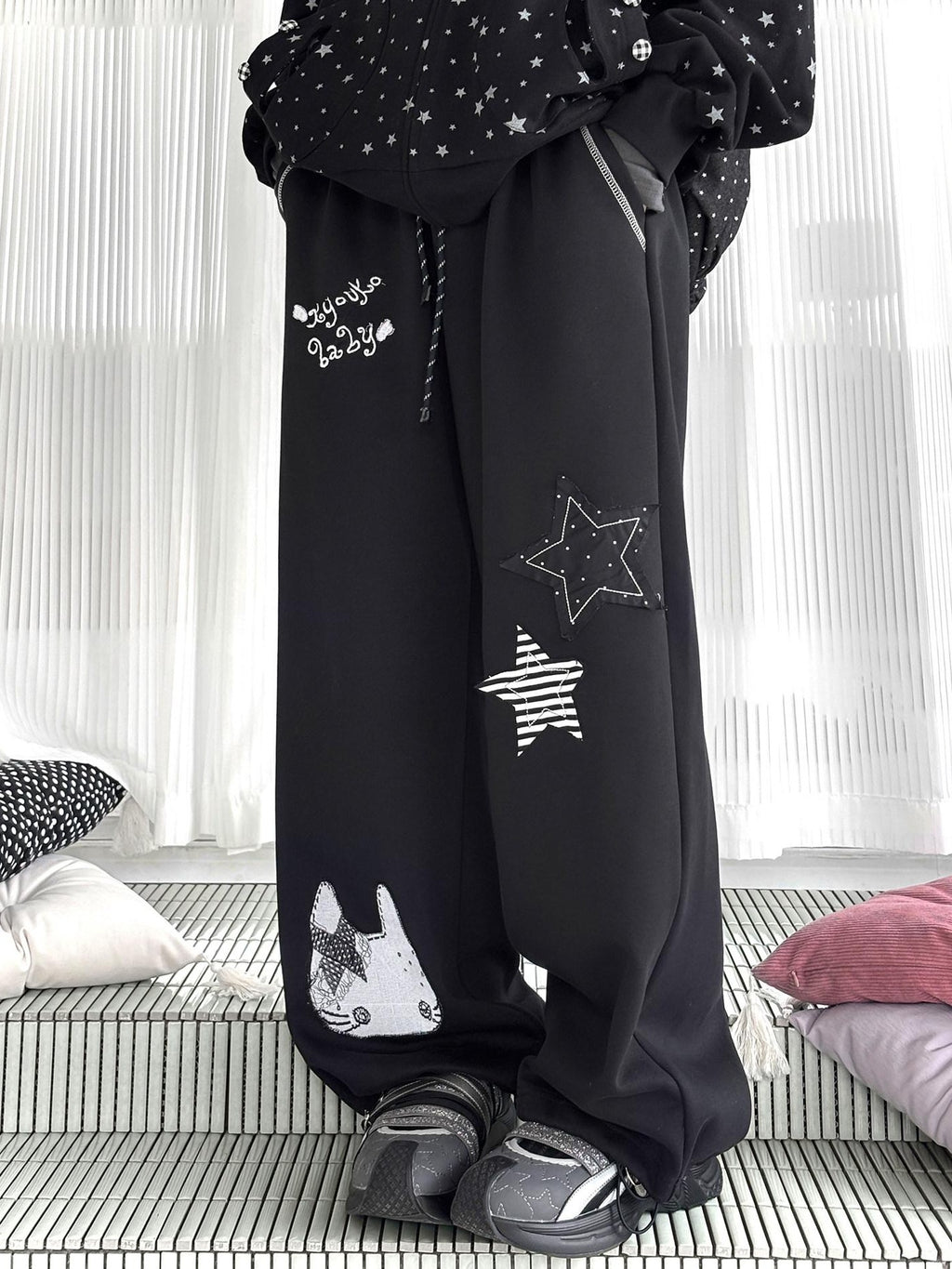 Kyouko Baby Black Oversized All Over Star Print Women's Other Material Zip-up Hoodies