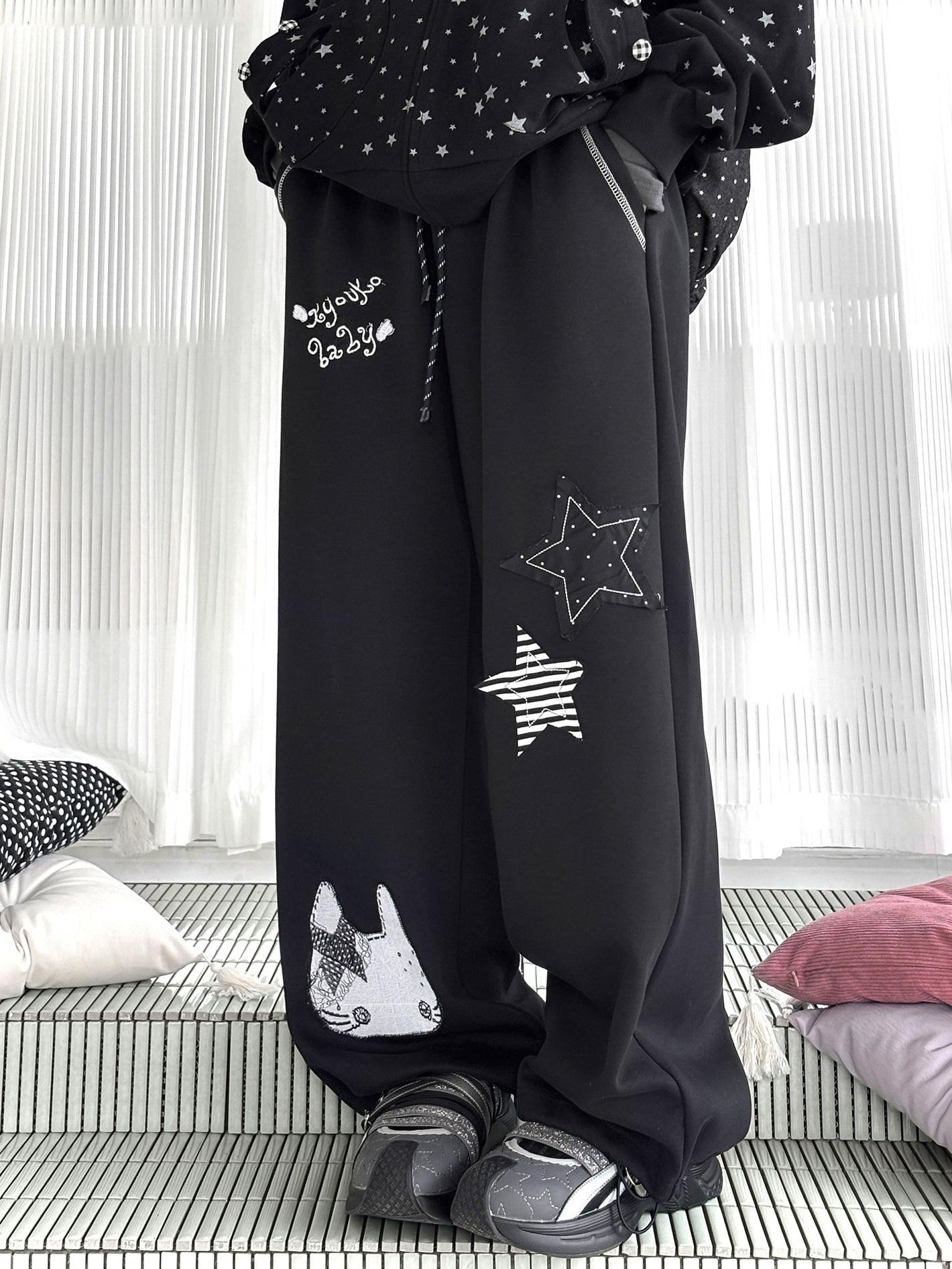 Kyouko Baby Black Oversized All Over Star Print Women's Other Material Zip-up Hoodies