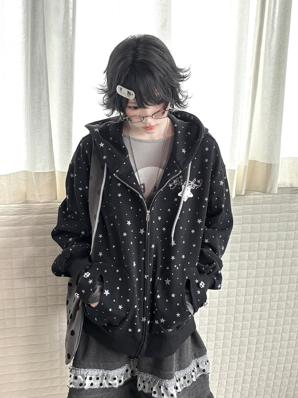 Kyouko Baby Black Oversized All Over Star Print Women's Other Material Zip-up Hoodies
