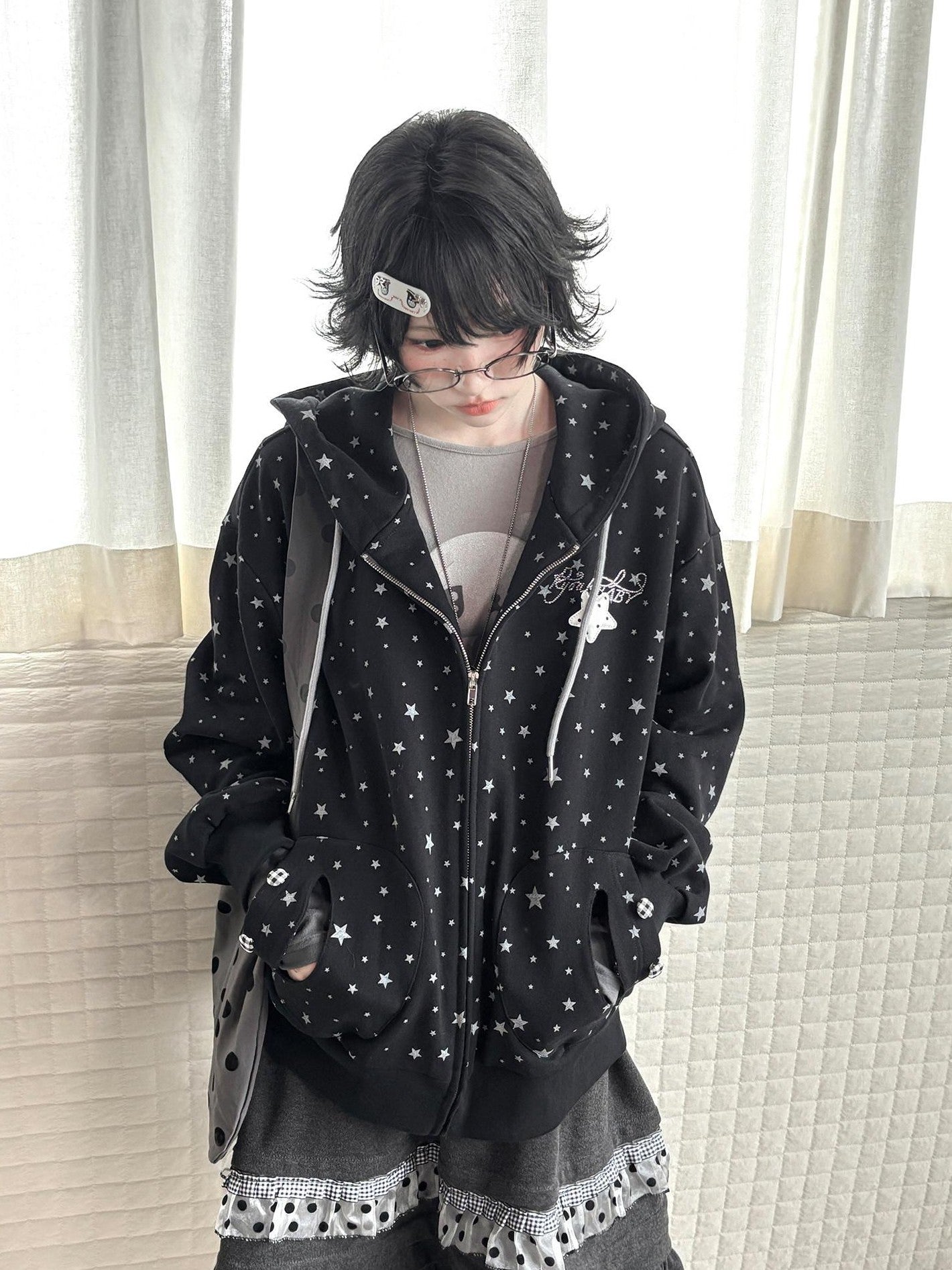 Kyouko Baby Black Oversized All Over Star Print Women's Other Material Zip-up Hoodies