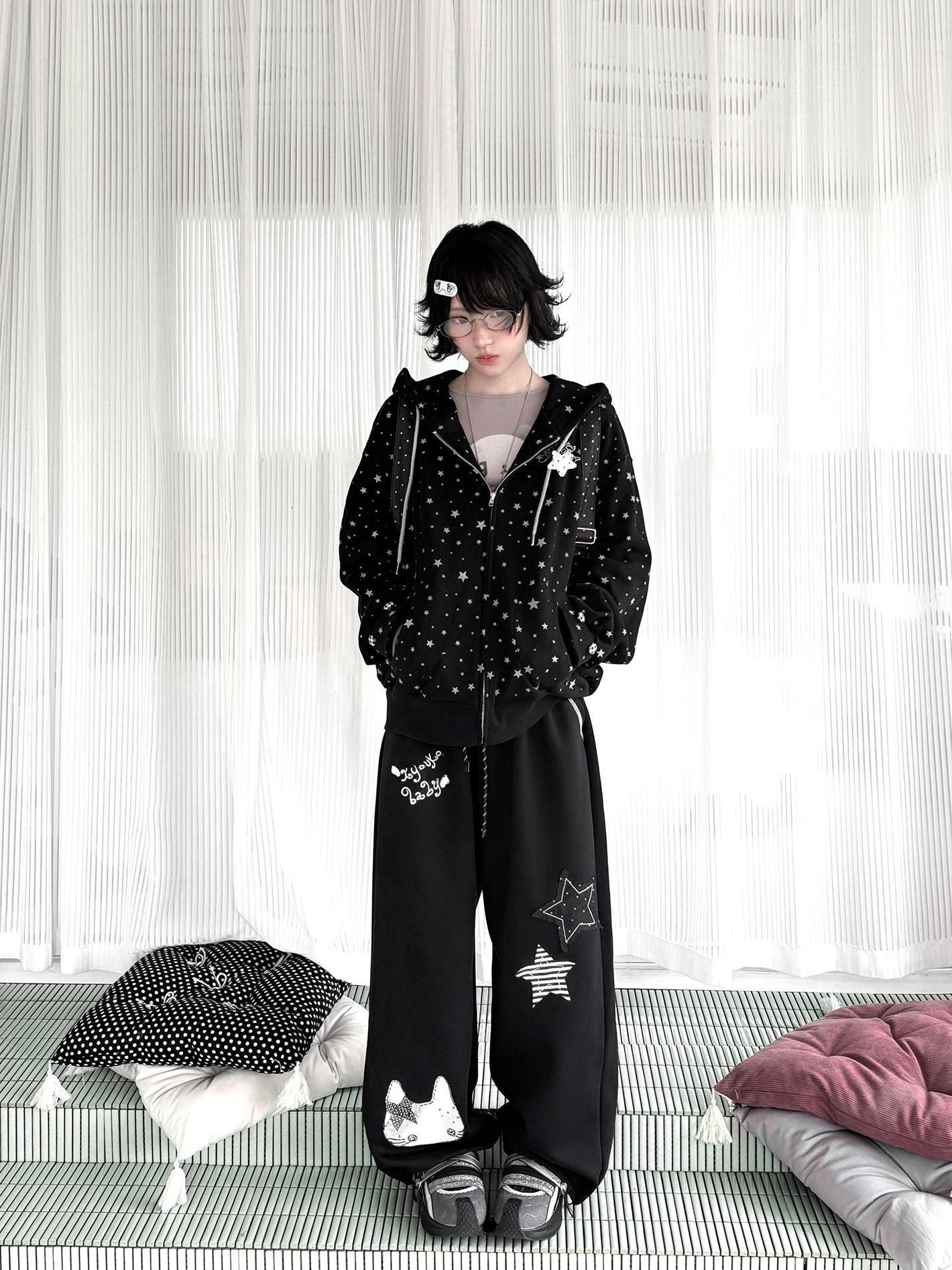 Kyouko Baby Black Oversized All Over Star Print Women's Other Material Zip-up Hoodies