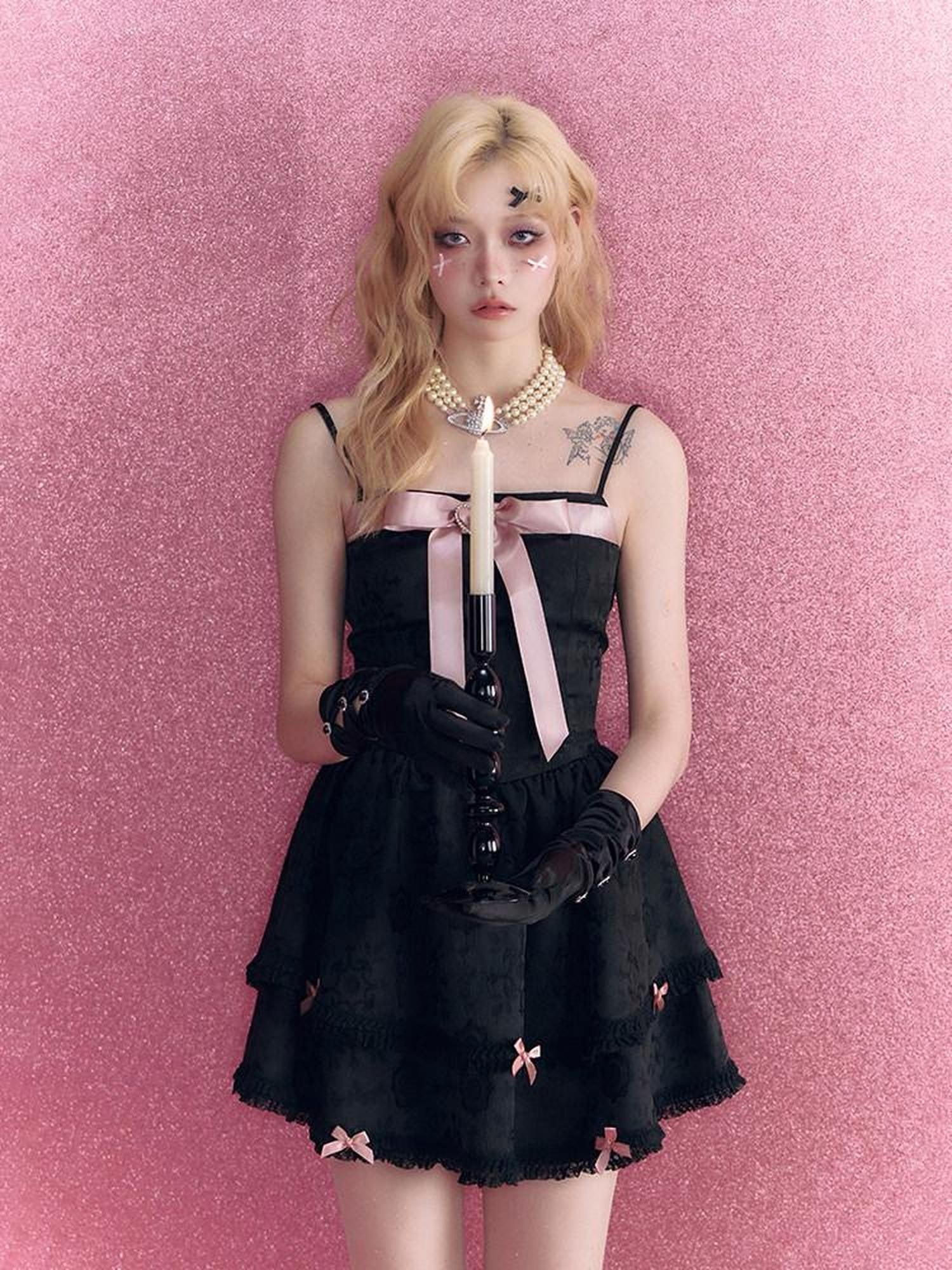 Kyouko Baby Black Pink Rhinestone Bow Girlish Women's Other Material Slip Mini Dresses
