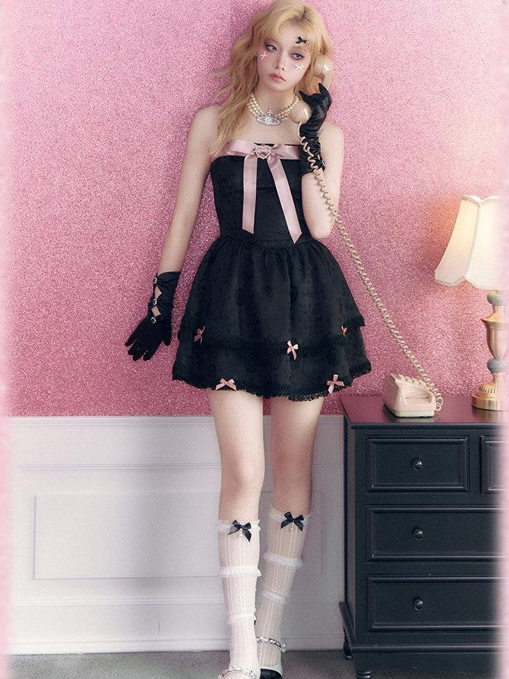 Kyouko Baby Black Pink Rhinestone Bow Girlish Women's Other Material Slip Mini Dresses
