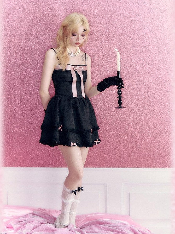 Kyouko Baby Black Pink Rhinestone Bow Girlish Women's Other Material Slip Mini Dresses