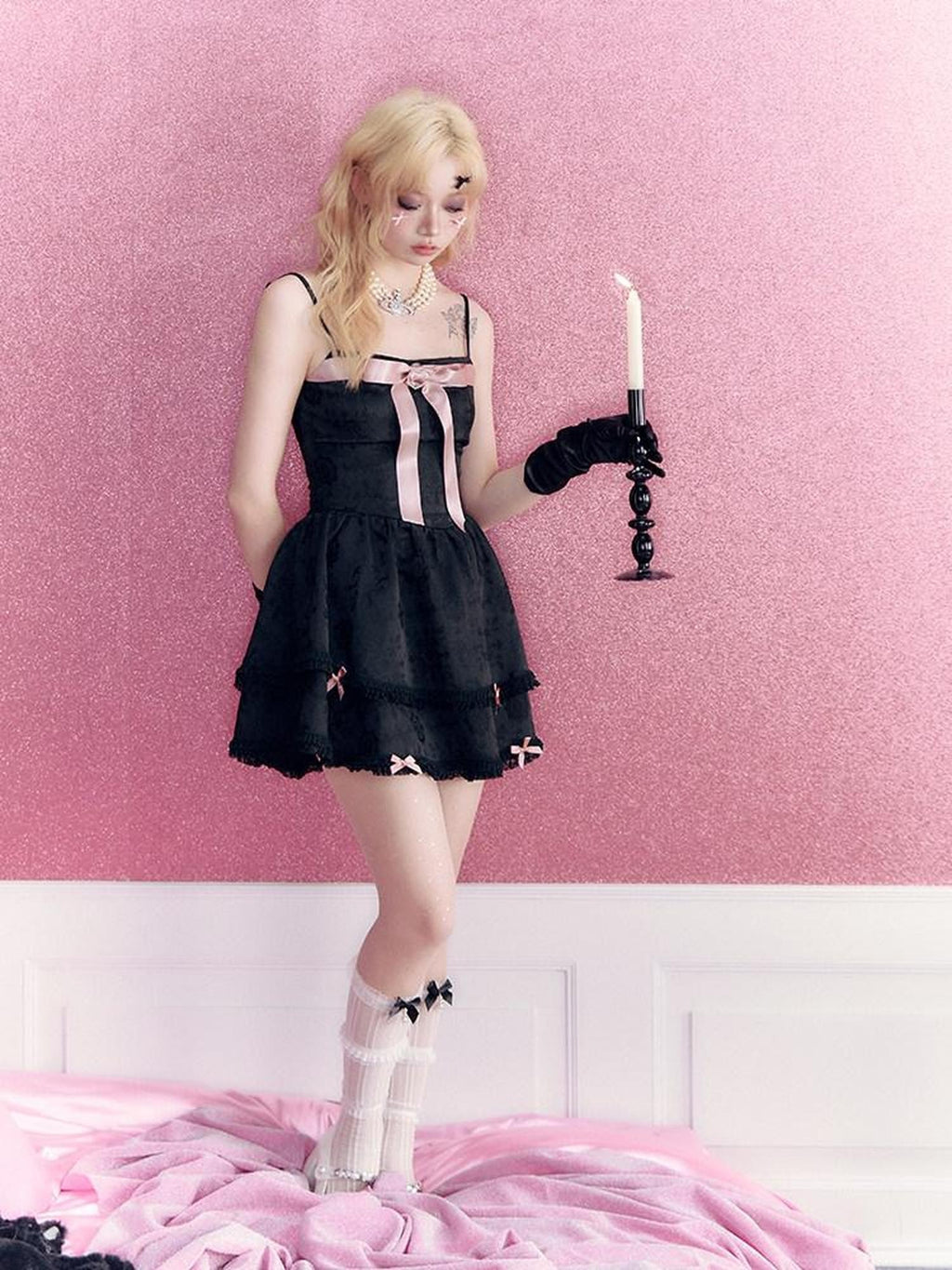 Kyouko Baby Black Pink Rhinestone Bow Girlish Women's Other Material Slip Mini Dresses