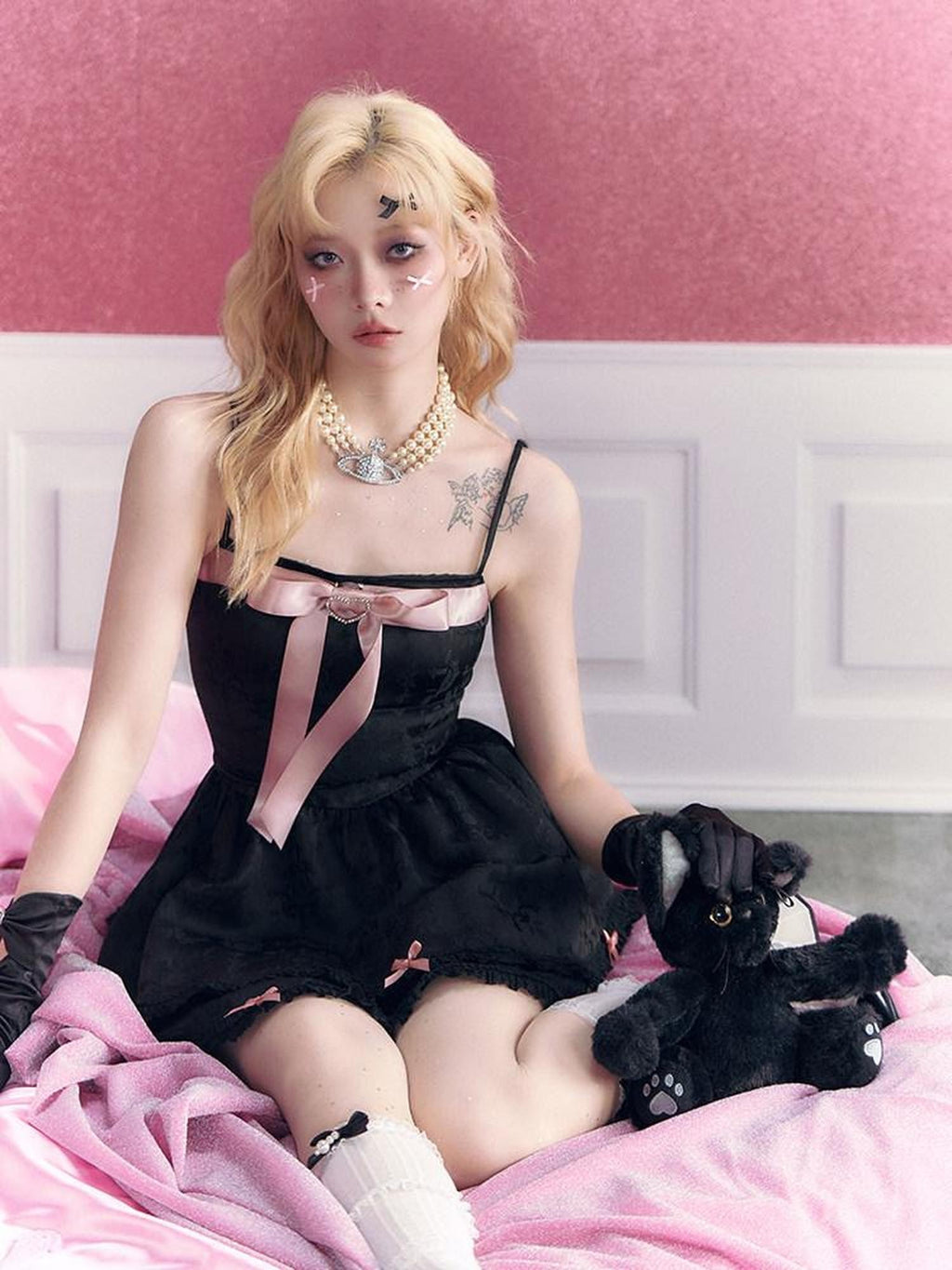 Kyouko Baby Black Pink Rhinestone Bow Girlish Women's Other Material Slip Mini Dresses