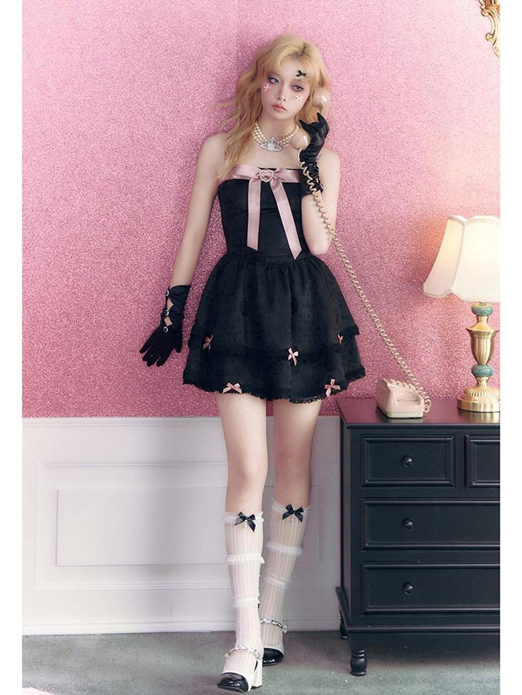 Kyouko Baby Black Pink Rhinestone Bow Girlish Women's Other Material Slip Mini Dresses