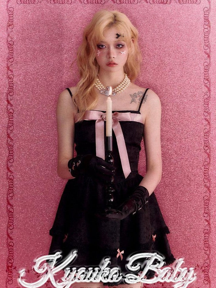 Kyouko Baby Black Pink Rhinestone Bow Girlish Women's Other Material Slip Mini Dresses
