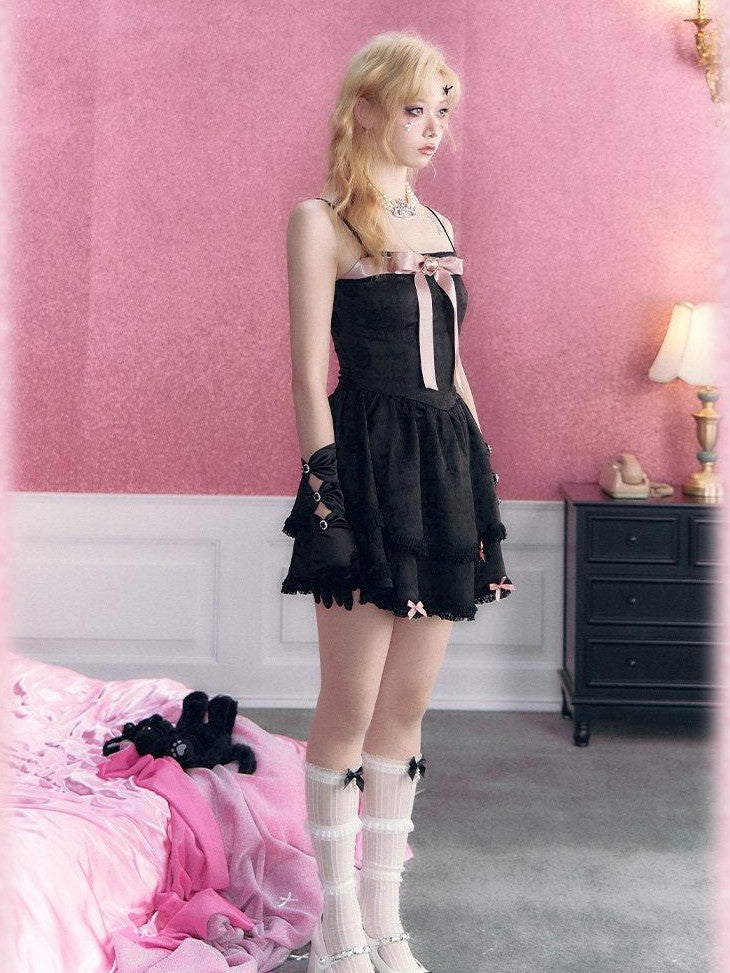 Kyouko Baby Black Pink Rhinestone Bow Girlish Women's Other Material Slip Mini Dresses