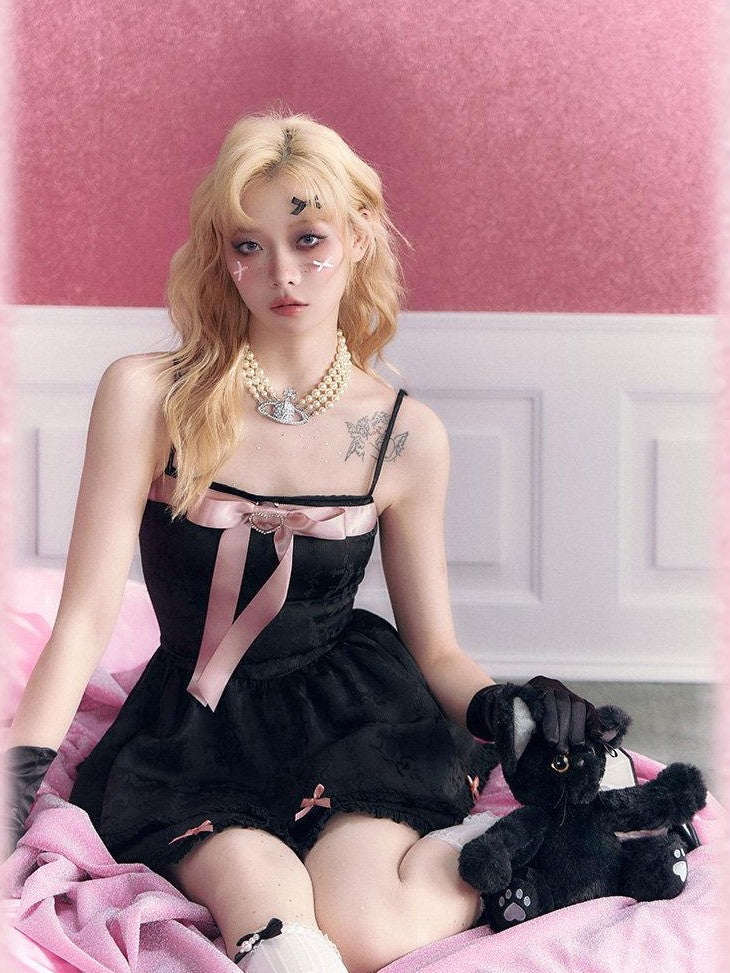 Kyouko Baby Black Pink Rhinestone Bow Girlish Women's Other Material Slip Mini Dresses