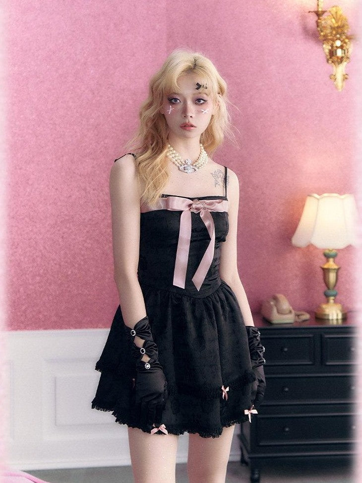 Kyouko Baby Black Pink Rhinestone Bow Girlish Women's Other Material Slip Mini Dresses