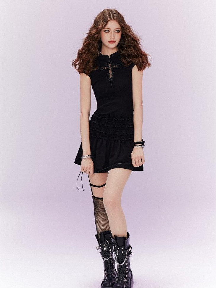 Kyouko Baby Black White Cross Gothic Fitted Slimming Women's Cheongsam Dresses