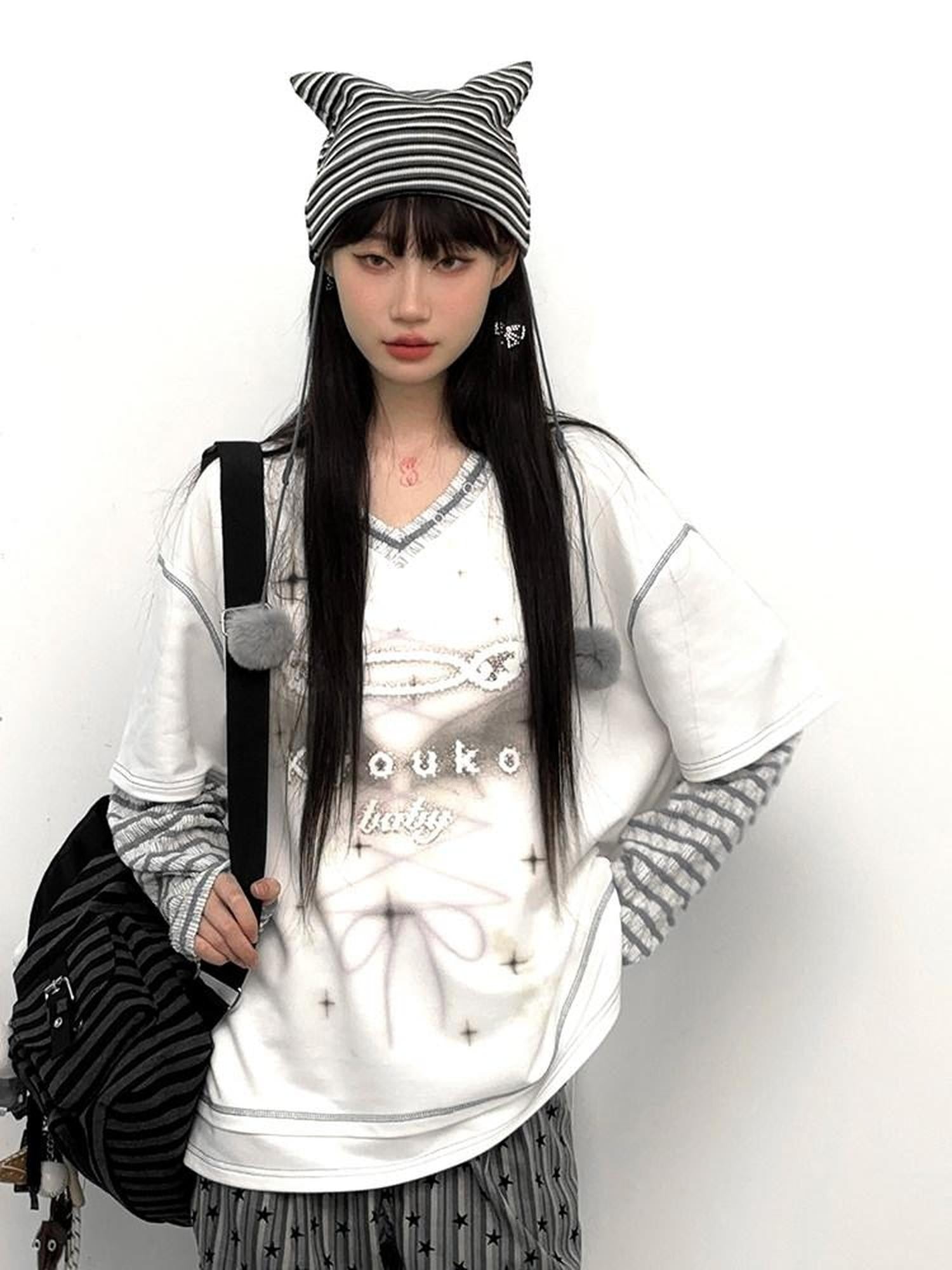 Kyouko Baby Blue Gray Striped Faux Layered Women's Other Material Long Sleeve T-shirts