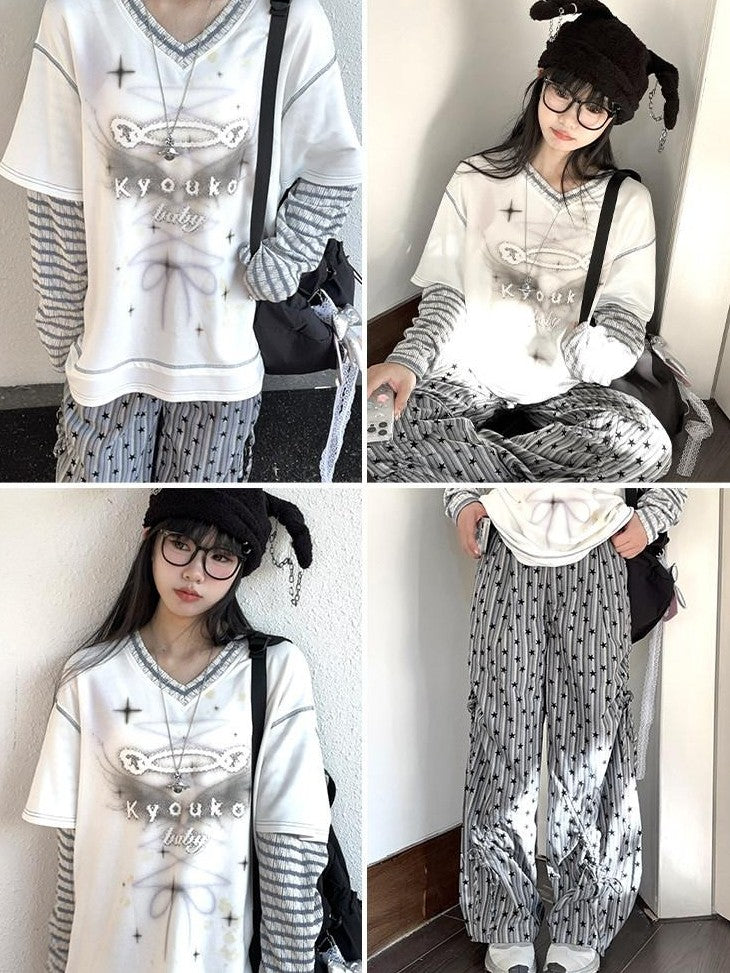 Kyouko Baby Blue Gray Striped Faux Layered Women's Other Material Long Sleeve T-shirts