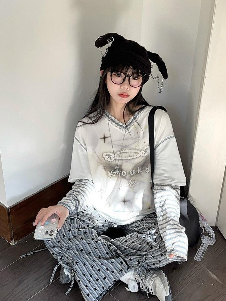 Kyouko Baby Blue Gray Striped Faux Layered Women's Other Material Long Sleeve T-shirts