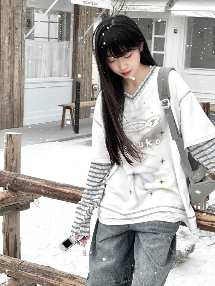 Kyouko Baby Blue Gray Striped Faux Layered Women's Other Material Long Sleeve T-shirts