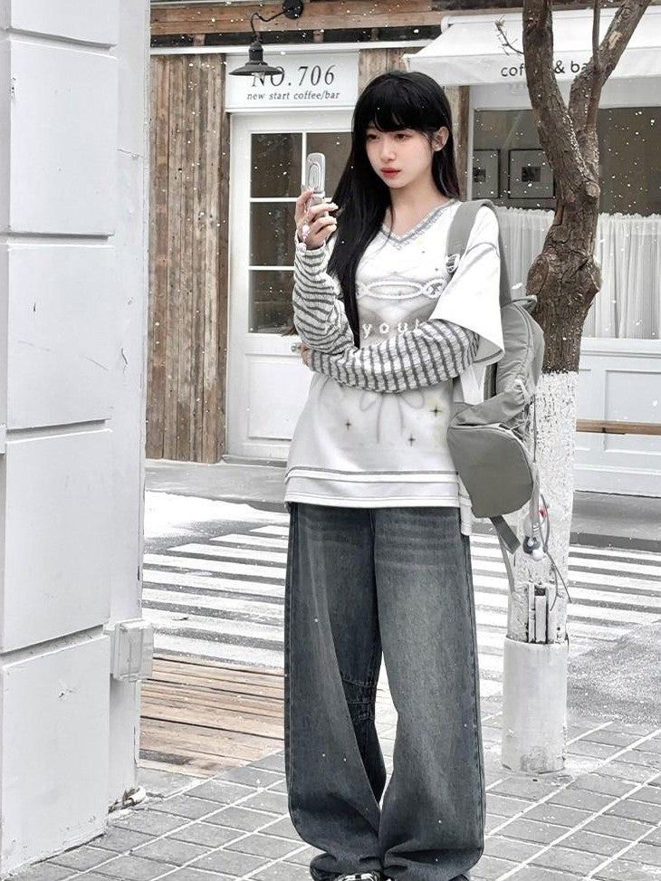 Kyouko Baby Blue Gray Striped Faux Layered Women's Other Material Long Sleeve T-shirts