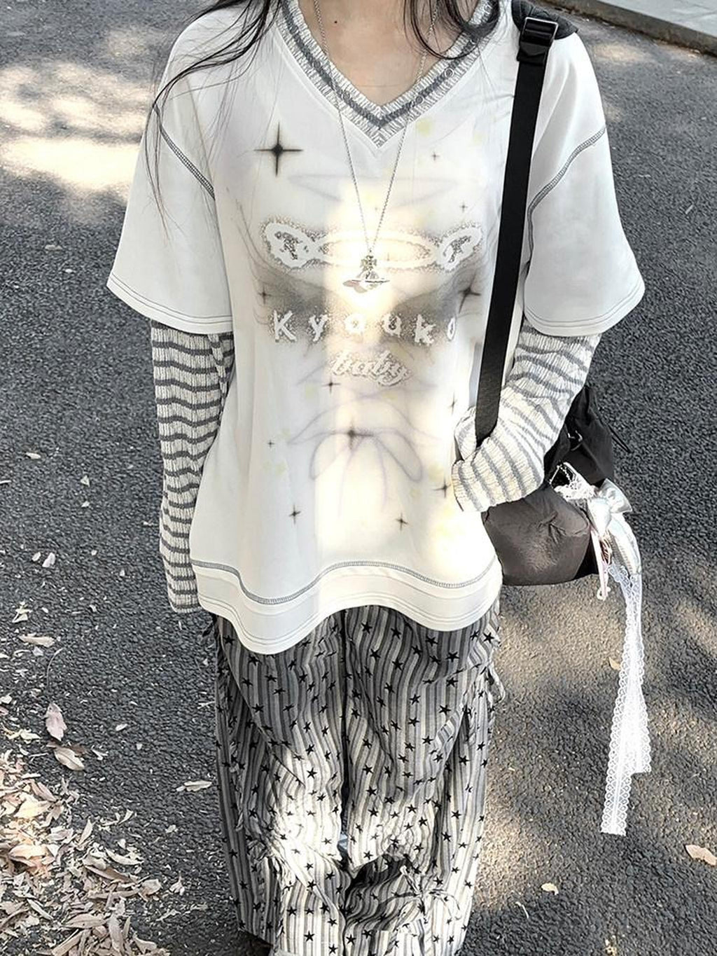Kyouko Baby Blue Gray Striped Faux Layered Women's Other Material Long Sleeve T-shirts