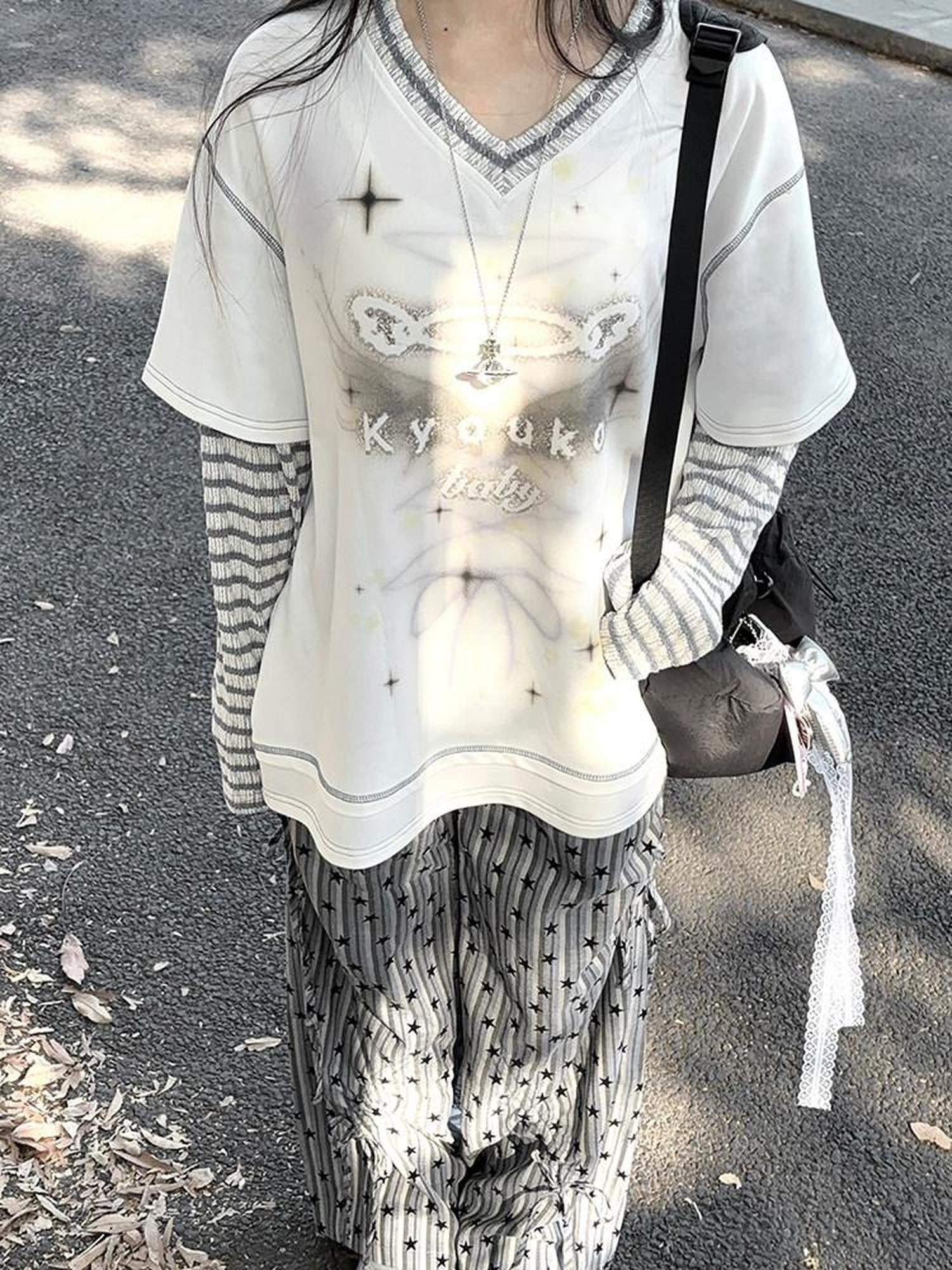 Kyouko Baby Blue Gray Striped Faux Layered Women's Other Material Long Sleeve T-shirts