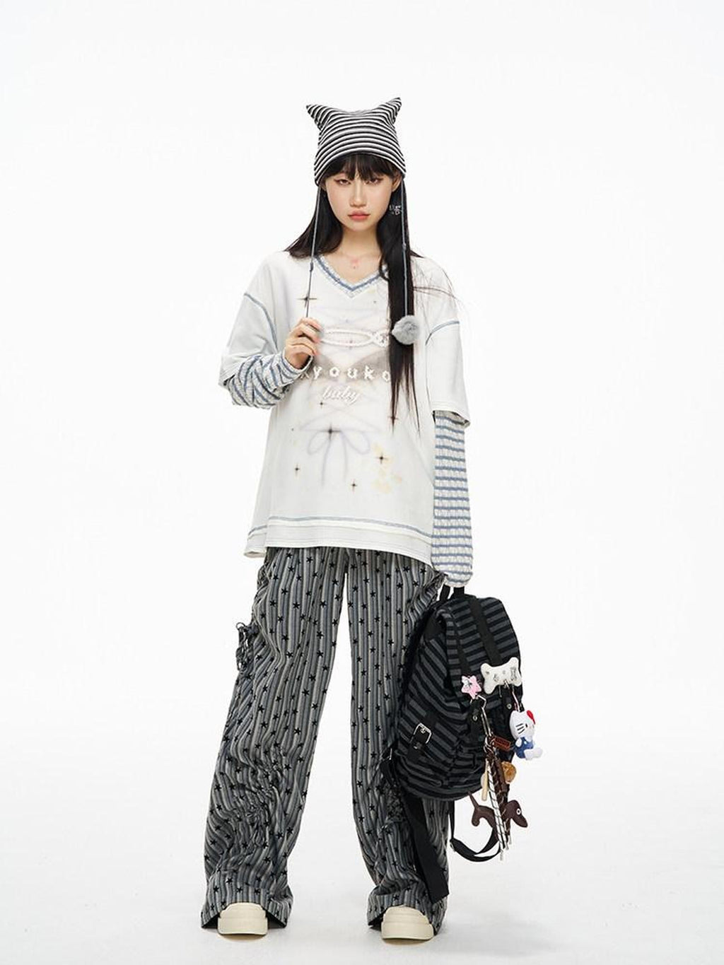 Kyouko Baby Blue Gray Striped Faux Layered Women's Other Material Long Sleeve T-shirts