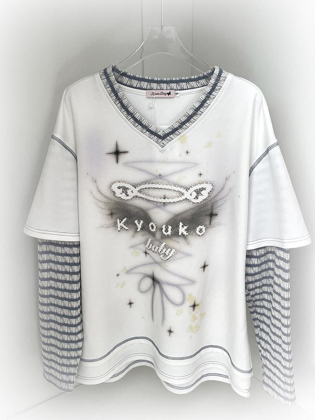 Kyouko Baby Blue Gray Striped Faux Layered Women's Other Material Long Sleeve T-shirts